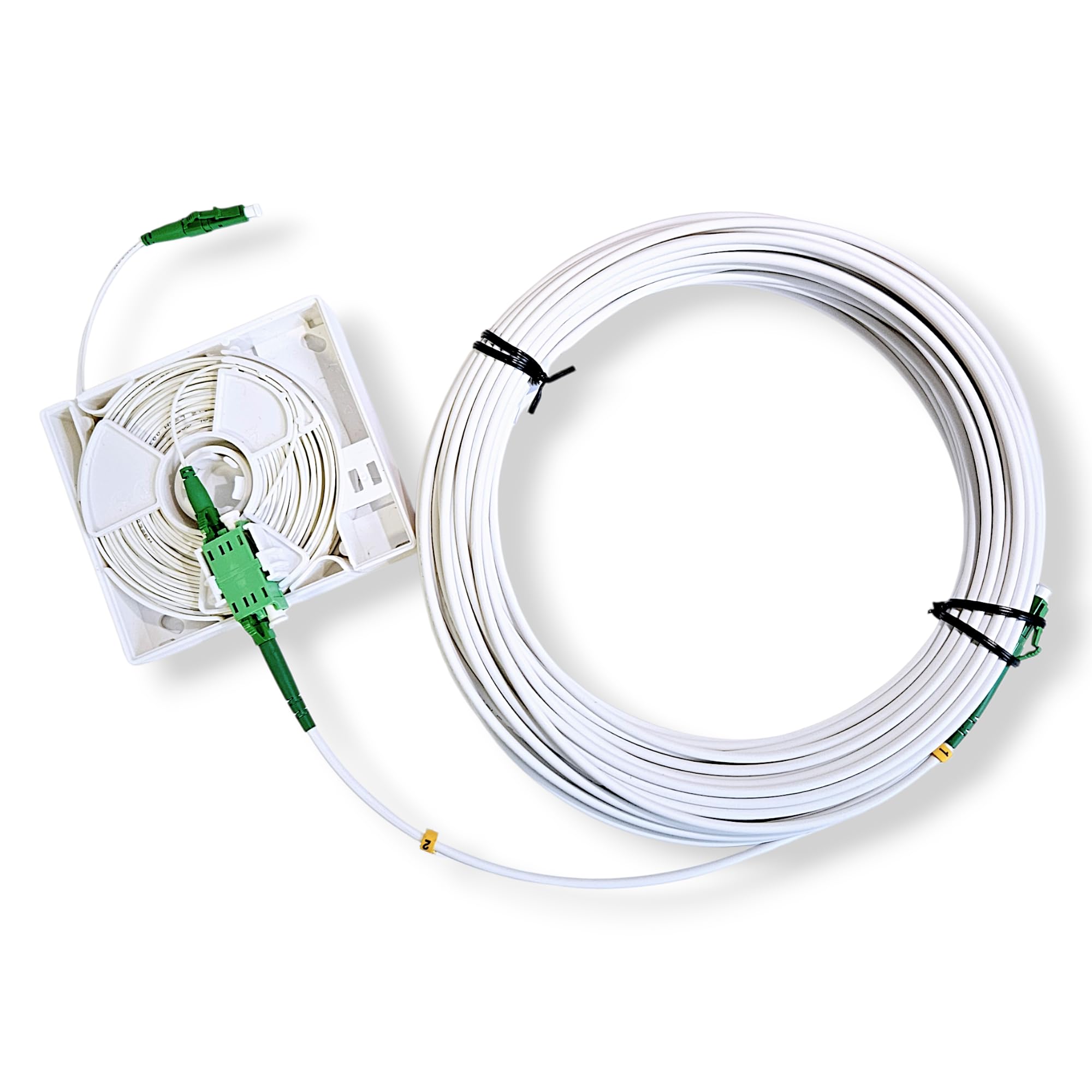 FLEXI KIT - 20m Glasfaserkabel vorkonfektioniert mit 20m Ziehbox, LC/APC 8°, weiß, OS2 Patchkabel, 3.0mm/1.2mm Durchmesser, 9/125μm, LSZH, FTTH Lichtwellenleiter, G.657.A2