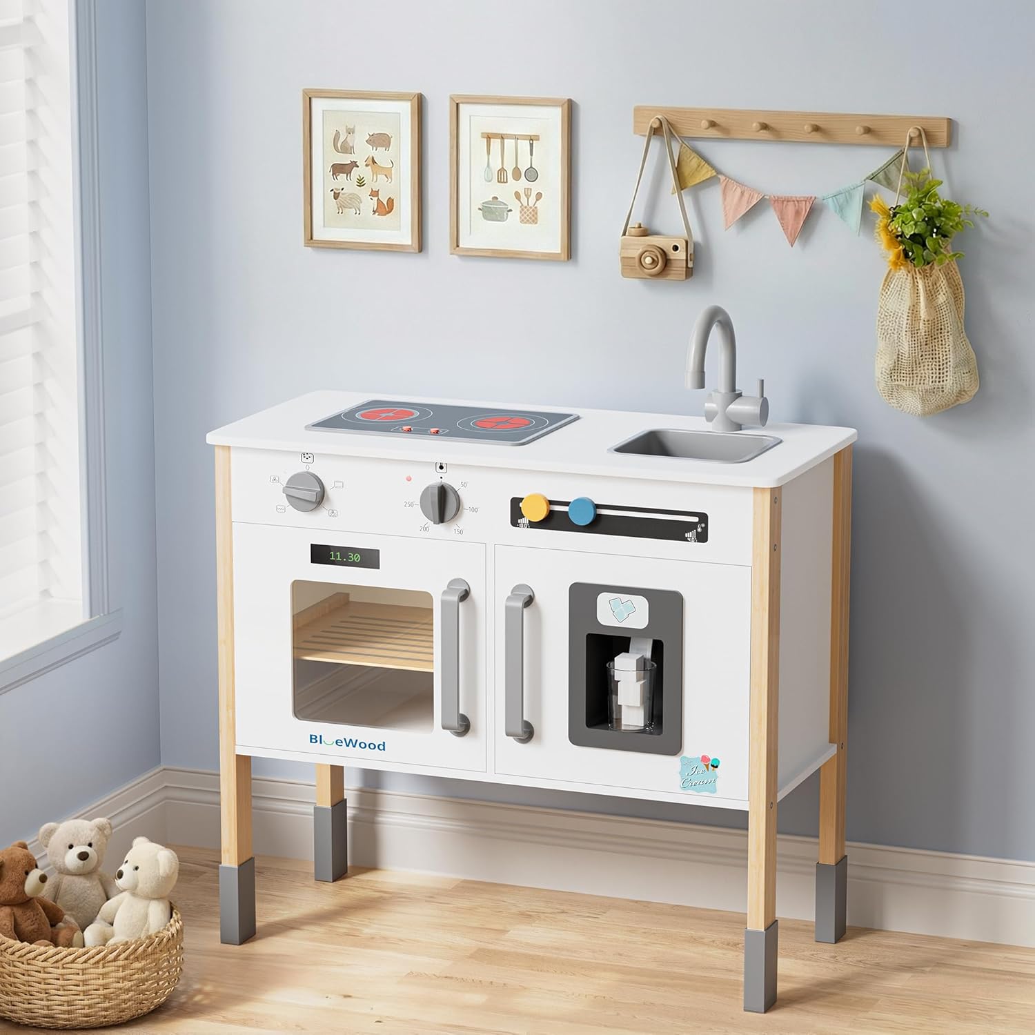 BlueWood Play Kitchen for Kids Toddlers - Wooden Chef Pretend Play Kitchen Set Toy Kitchen with 18 Pcs Toy Food & Cookware Accessories for Ages 3-7, Essential, White