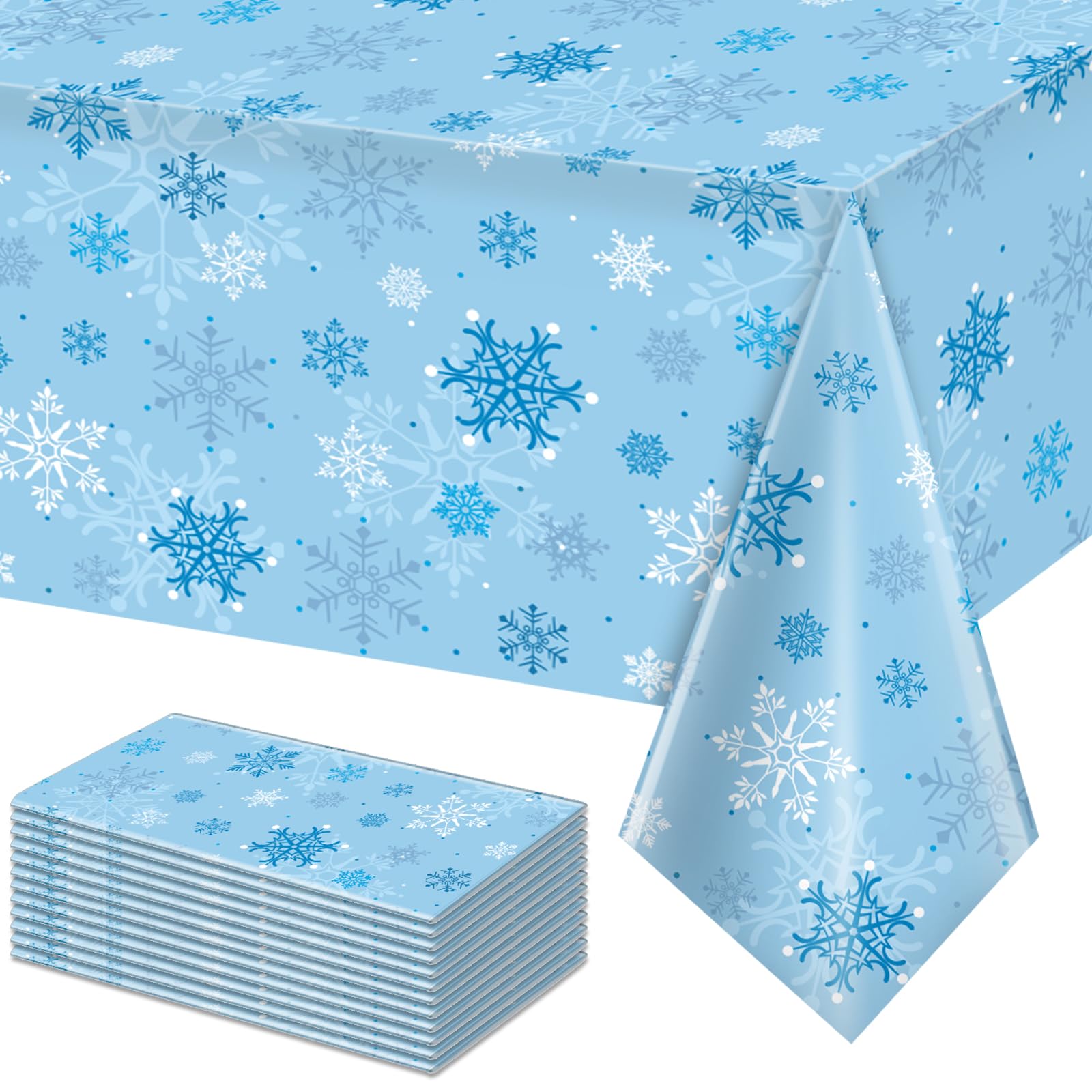 12 Pieces Christmas Snowflake Party Tablecloth Decorations,Plastic Ice Blue and White Winter Wonderland Table Cover for Winter Christmas Birthday Holiday Party Decorations and Supplies,54x108 inch
