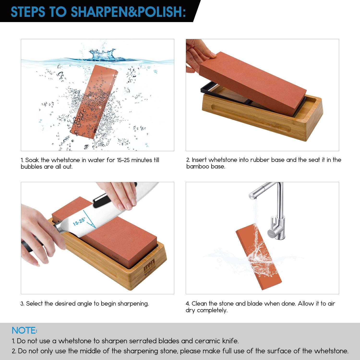 SHAN ZU Premium Extra Large Whetstones Kit Knife Sharpening Stone Set Grits 400/1000/6000 Waterstone with Flattening Stone, Non-slip Bamboo Base and Angle Guide for Home and Kitchen