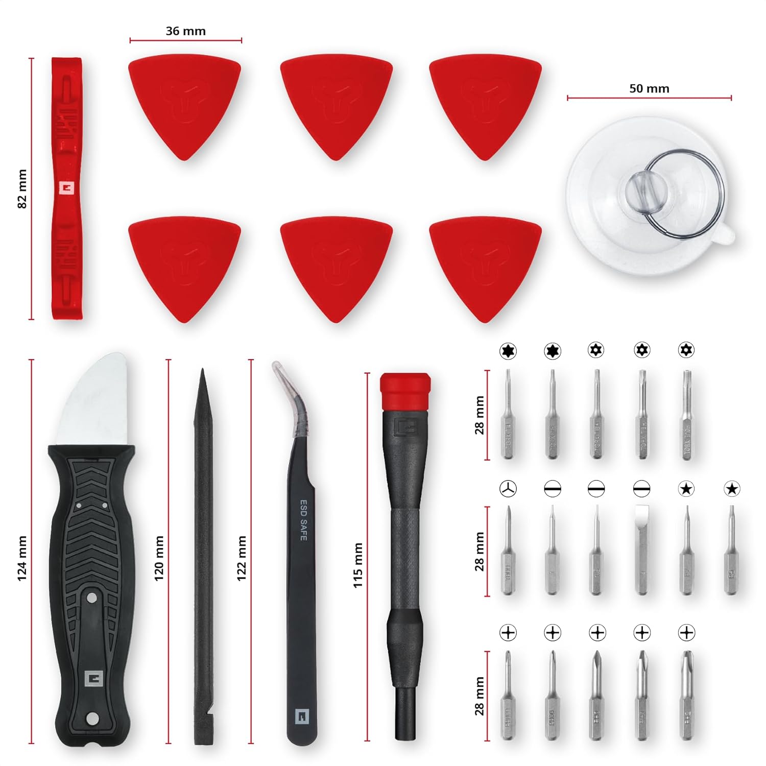 Original Einhell 28-Piece Precision and Electronics Repair Set (Precision Bits, Screwdriver Bit Holder, Curved Tweezers, Spudger, Lever Knife, Opening Tool, Opening Picks, Suction Lifter)