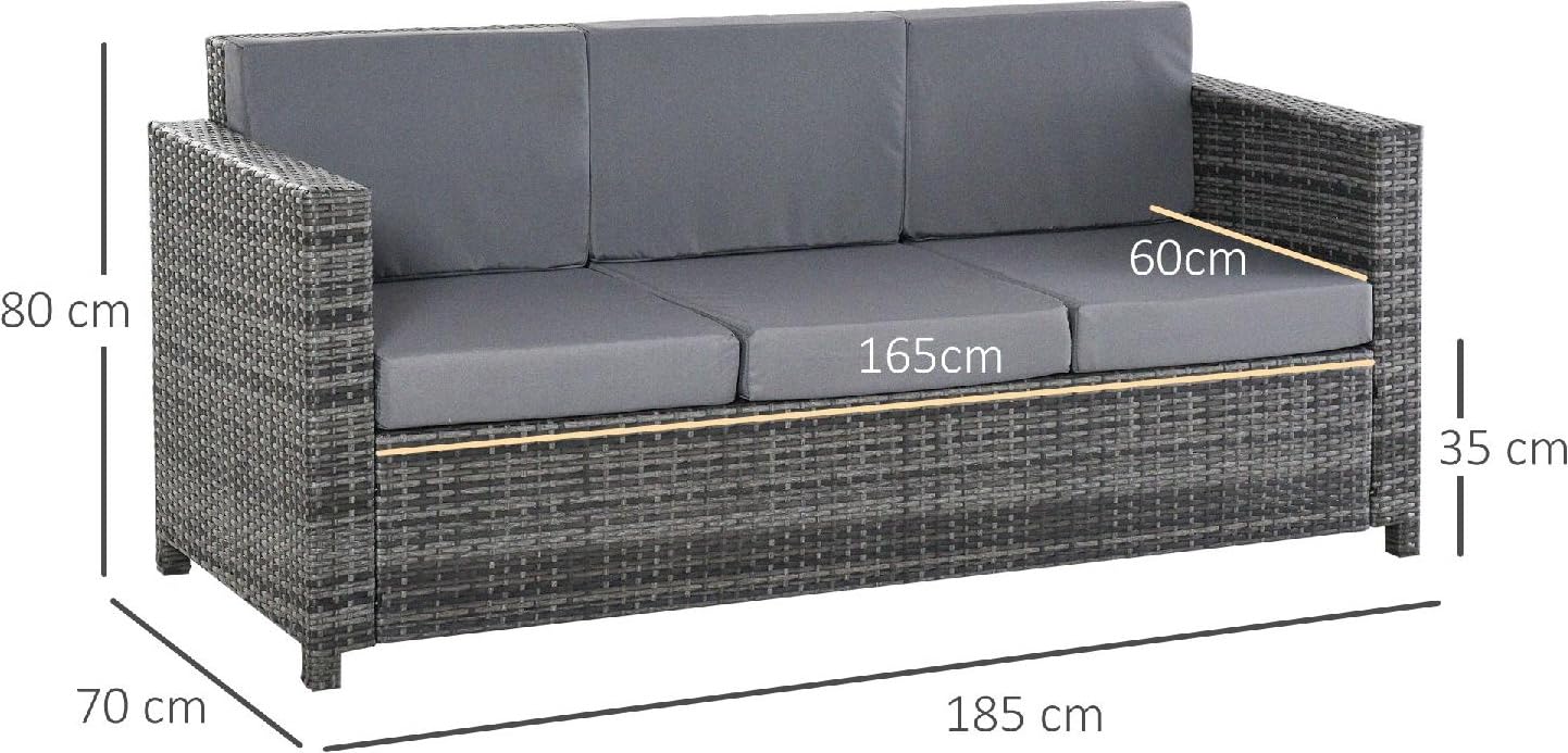 Divano da Giardino Esterno 3 Posti in Rattan PE e Metallo con Cuscini Imbottiti 185x70x80 cm colore Grigio