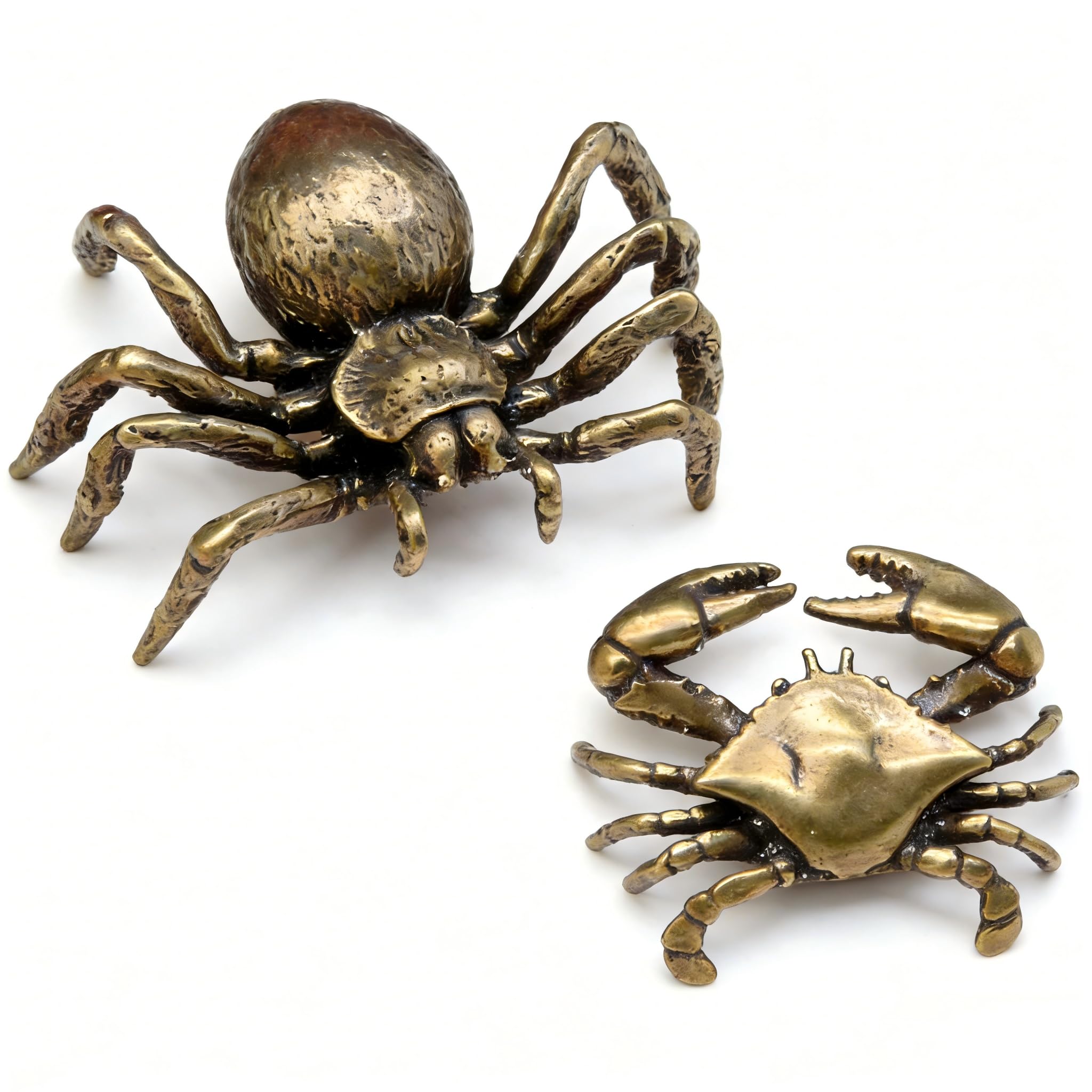 Zestaw 2 miniaturowych figurek zwierząt z mosiądzu – figurki dekoracyjne pająka i kraba, mała dekoracja biurka z mosiądzu w stylu vintage do biura i półki