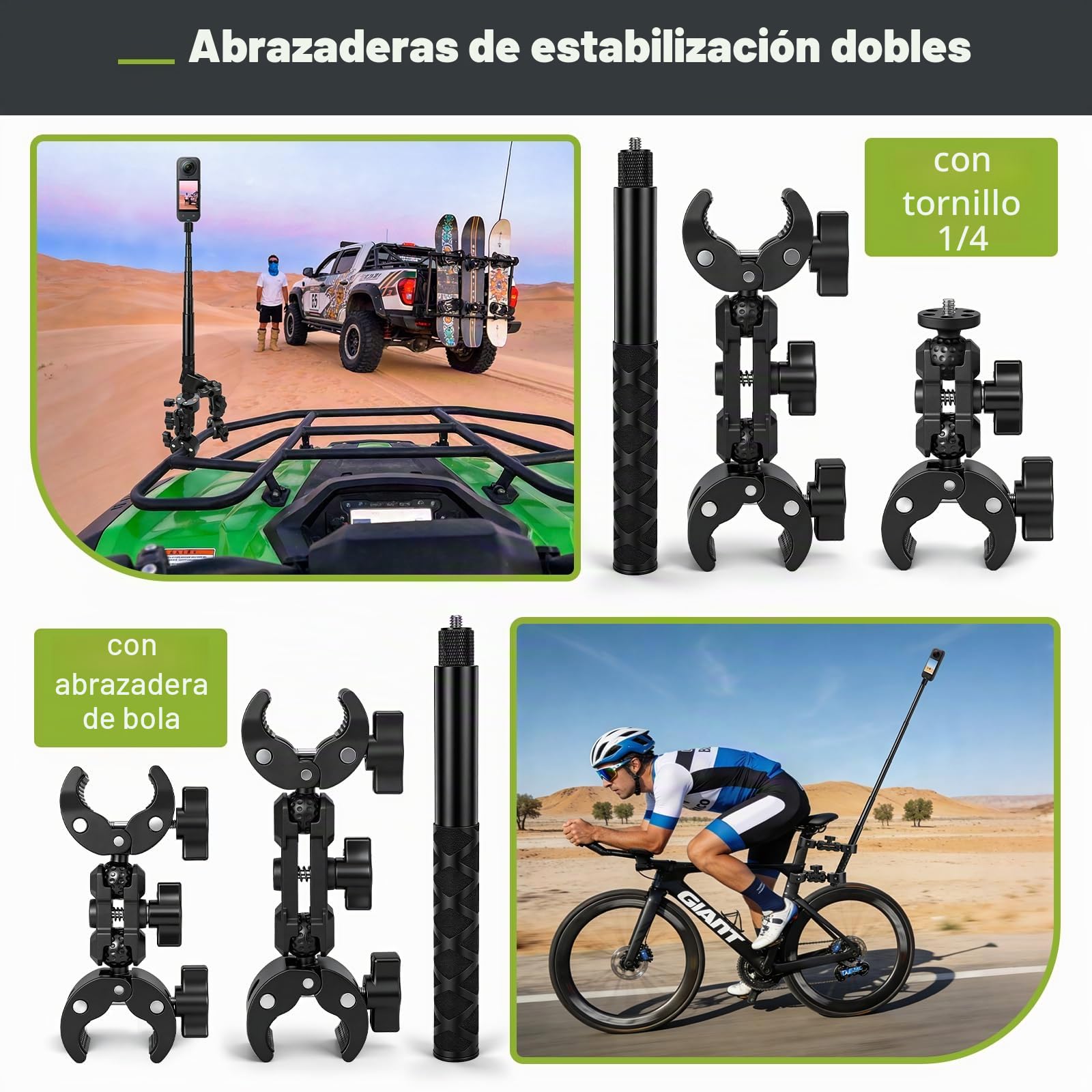 Soporte para Moto Insta 360 X5 X4, Kit de Montaje para Manillar de Bicicleta con Palo Selfie Invisible 120cm y Doble Abrazadera Accesorio para Insta360 X5 X4 X3 GoPro Hero 13 12 dji Osmo Pocket 3/4