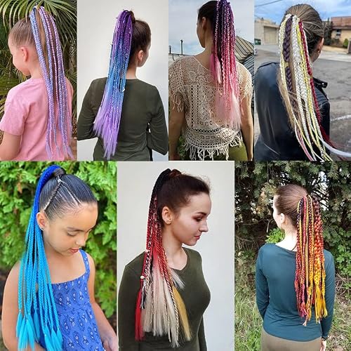 Rainbow Colored Braids Hair Extensions With Rubber Bands Braided Synthetic Hairpieces Ponytail Hair Accessories For Women Kids Girls 24 Inches Party Highlights Cosplay Dress Up #TOP5