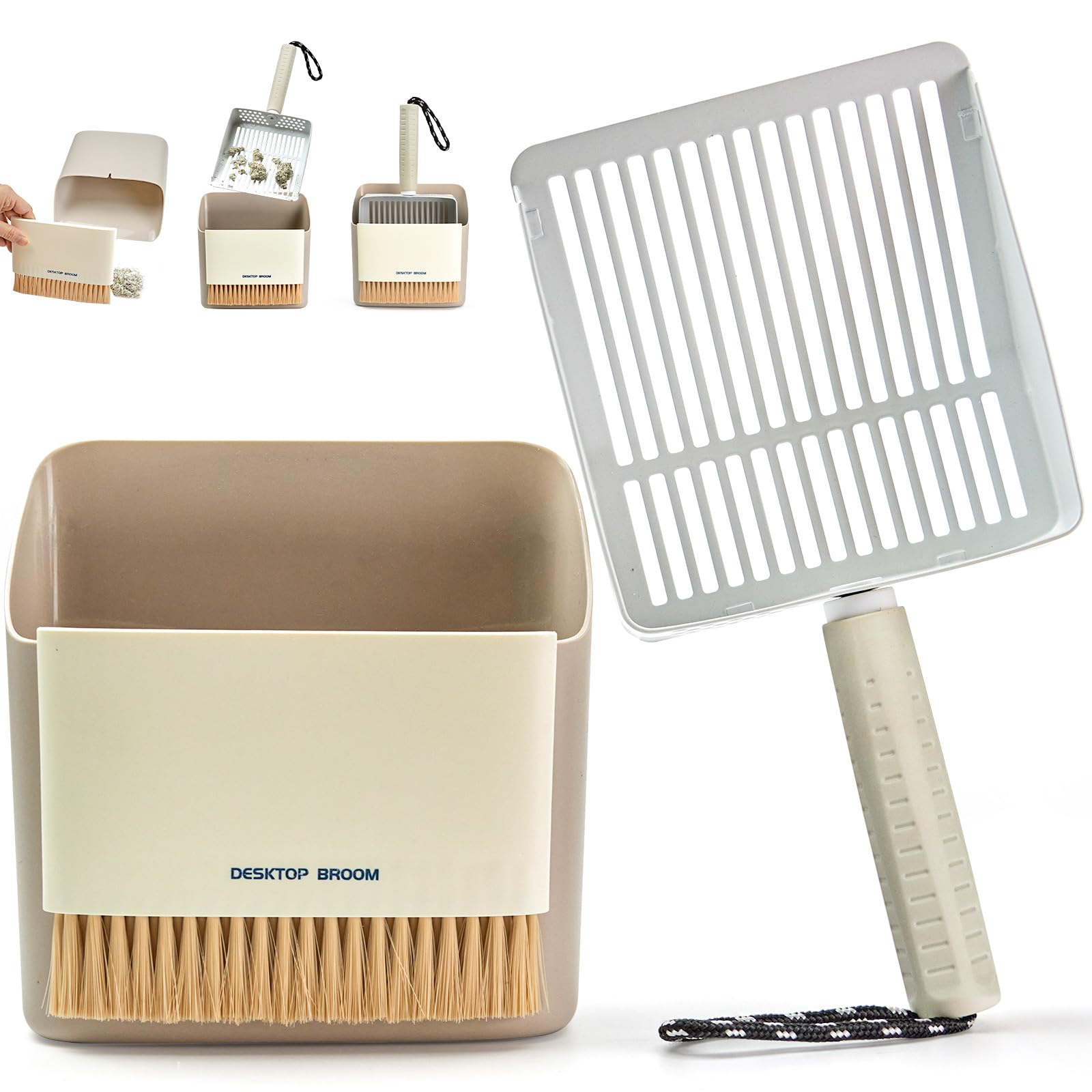 Metal Cat Litter Scooper with Holder, Stainless Steel Metal Litter Scoop Includes Portable Small Broom and Dustpan Set, Speed Sifter Cat Litter Scoop Captures All Clumps, Non-Slip Handle, Easy Clean