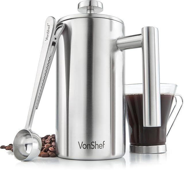 VonShef 6 Cup Cafetiere, 800ml Double Walled Stainless Steel French Press with 2-in-1 Measuring Spoon Bag Sealing Clip, Durable Filter Coffee Maker