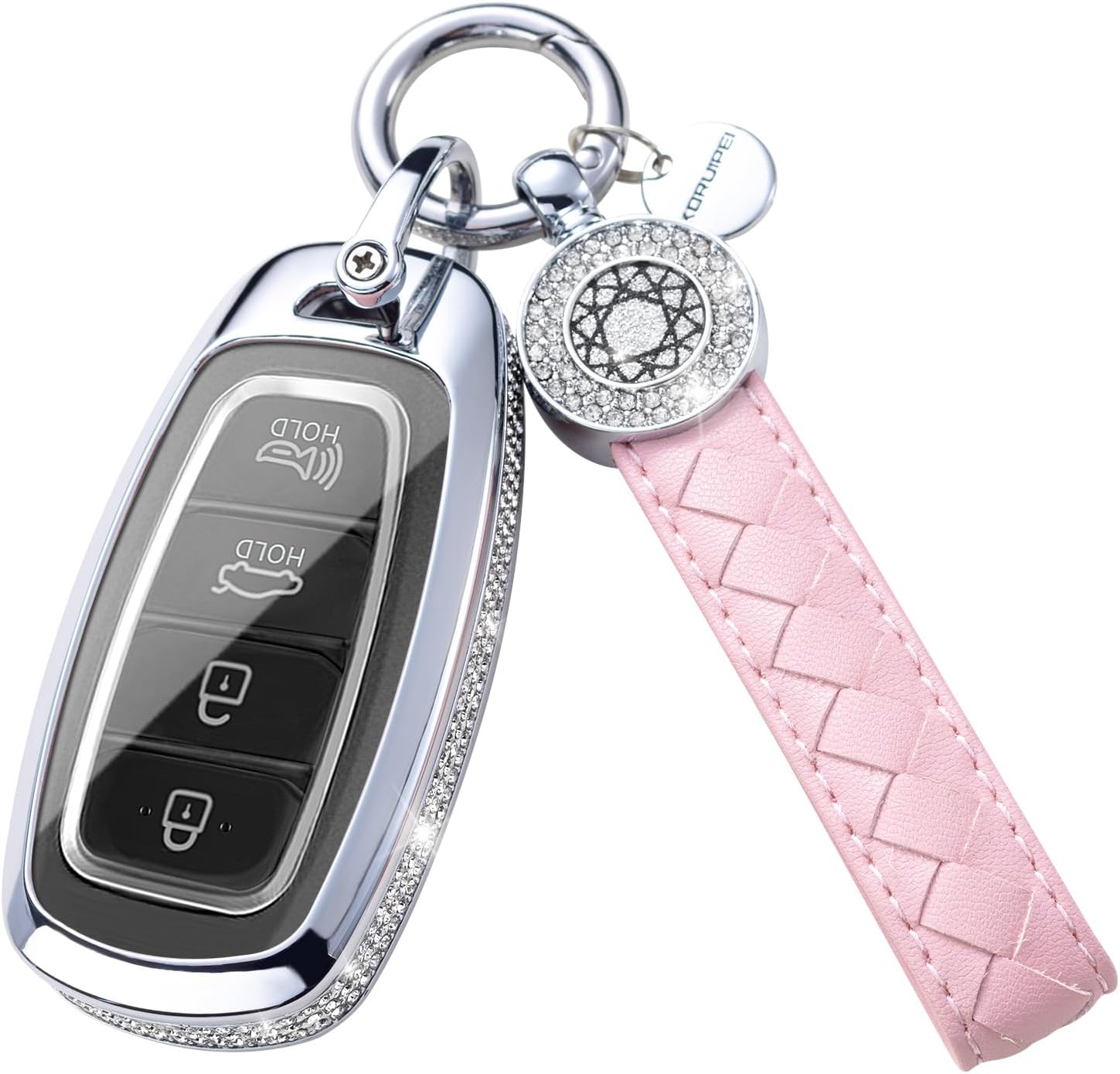 for Hyundai Key Fob Cover with Keychain Genuine Leather Crystal Key Case Protector Compatible with 2022 2021 2020 Hyundai Sonata Santa fe Tucson (Model2, Pink)