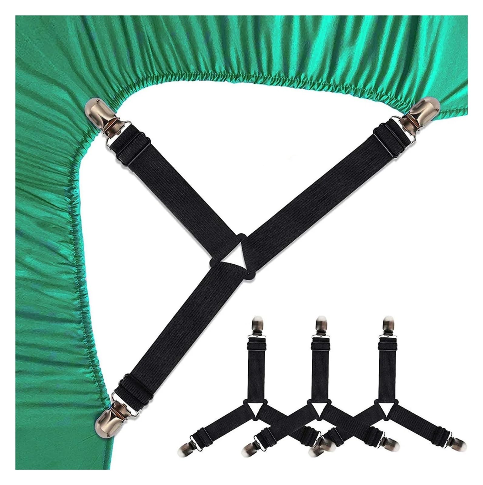 PFMSAAF bed sheet clips 4 PCS Bed Sheet Holder Straps, Elastic Mattress Corner Clips 3 Way Fitted Fastener Suspenders Grippers sheets bedding for bed(4 black pieces)