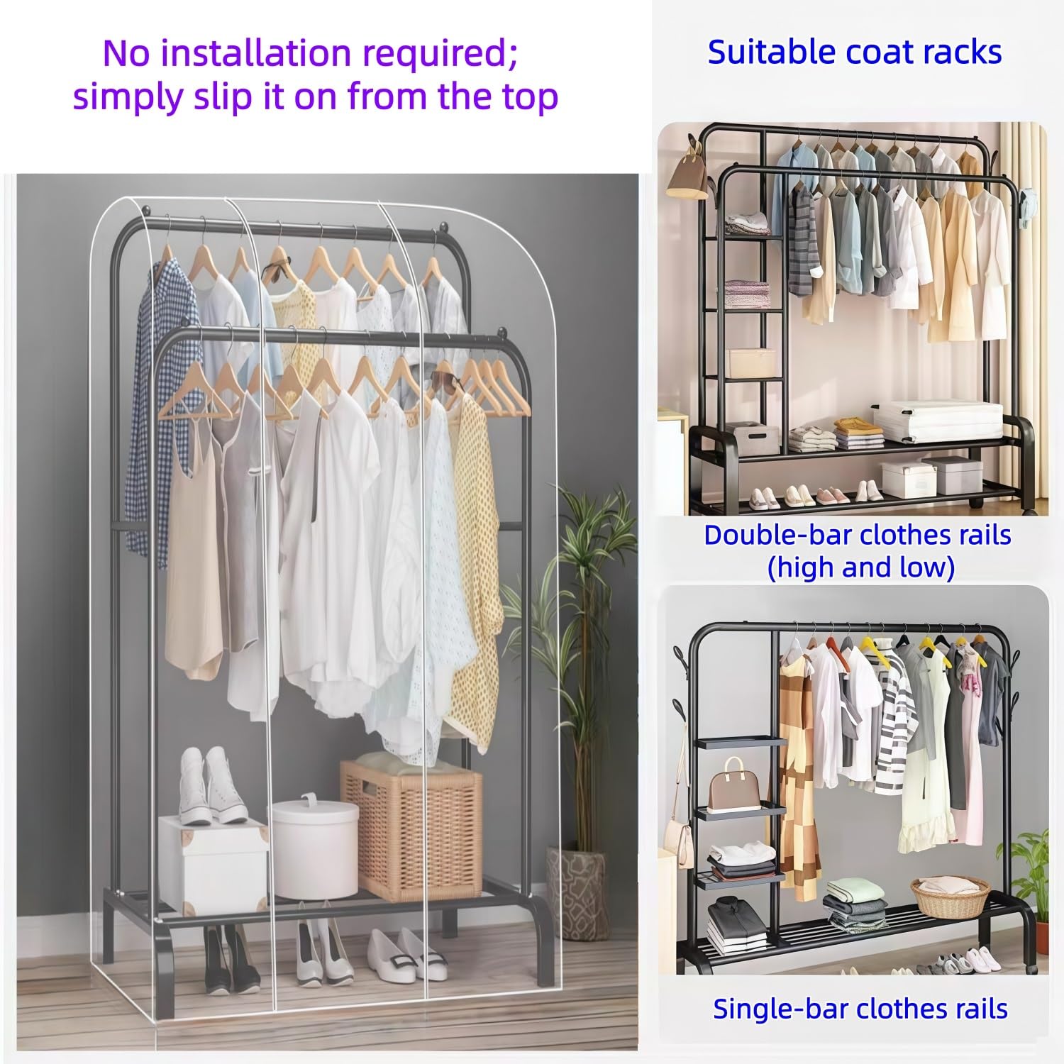 Kleiderständer Abdeckung Mit starkem Reißverschluss Staubschutz Wasserdicht PEVA Hängemantel Schutzhülle Kleiderstange Feuchtigkeits und Mottenschutz für Mäntel Jacken Hemden(180x50x150cm)