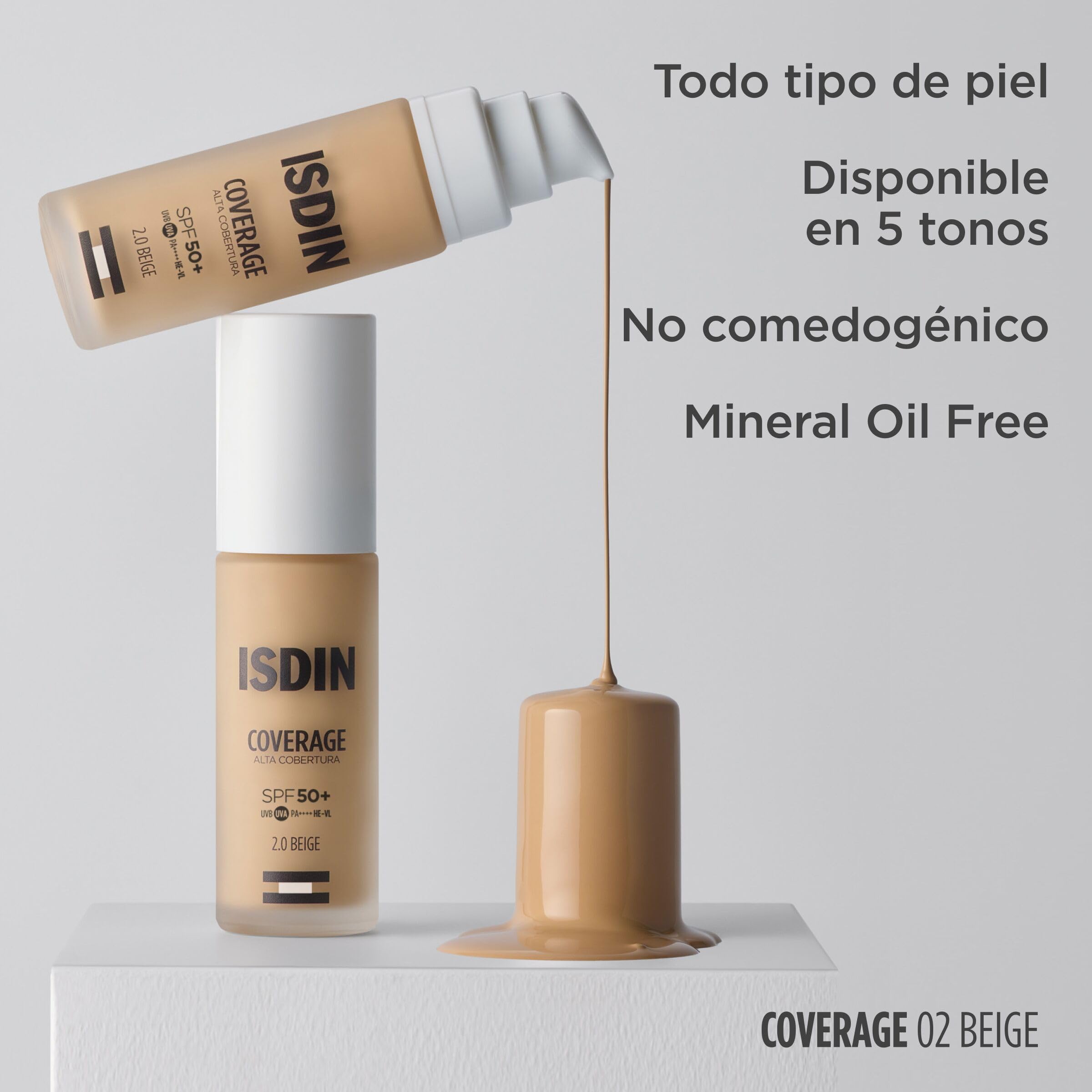 ISDIN Coverage SPF 50, Base de maquillaje con muy alta protección solar, acabado natural, acción antiedad, reduce arrugas y líneas de expresión - 30ml