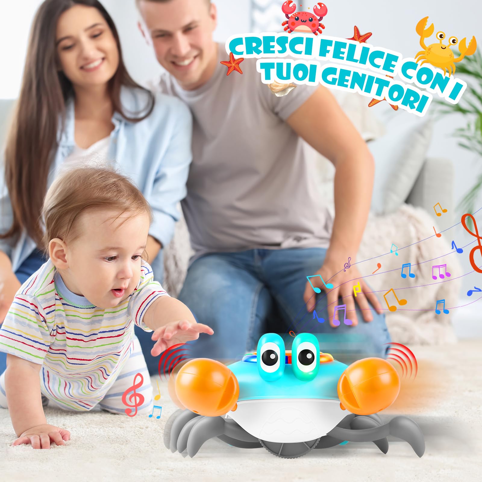 Aragallant Cangrejo bebé juguete, cangrejo electrónico para gatear a partir de 3, 4, 5, 6, 7 años, juguete sensorial para gatear con música y evitar obstáculos, Tummy Time Toys regalos para niños y
