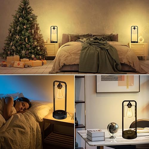 Miniatura 7 de Juego de 2 lámparas de mesa de carga inalámbrica para dormitorio, control táctil regulable con puertos USB tipo C y salida de CA, lámpara de mesita