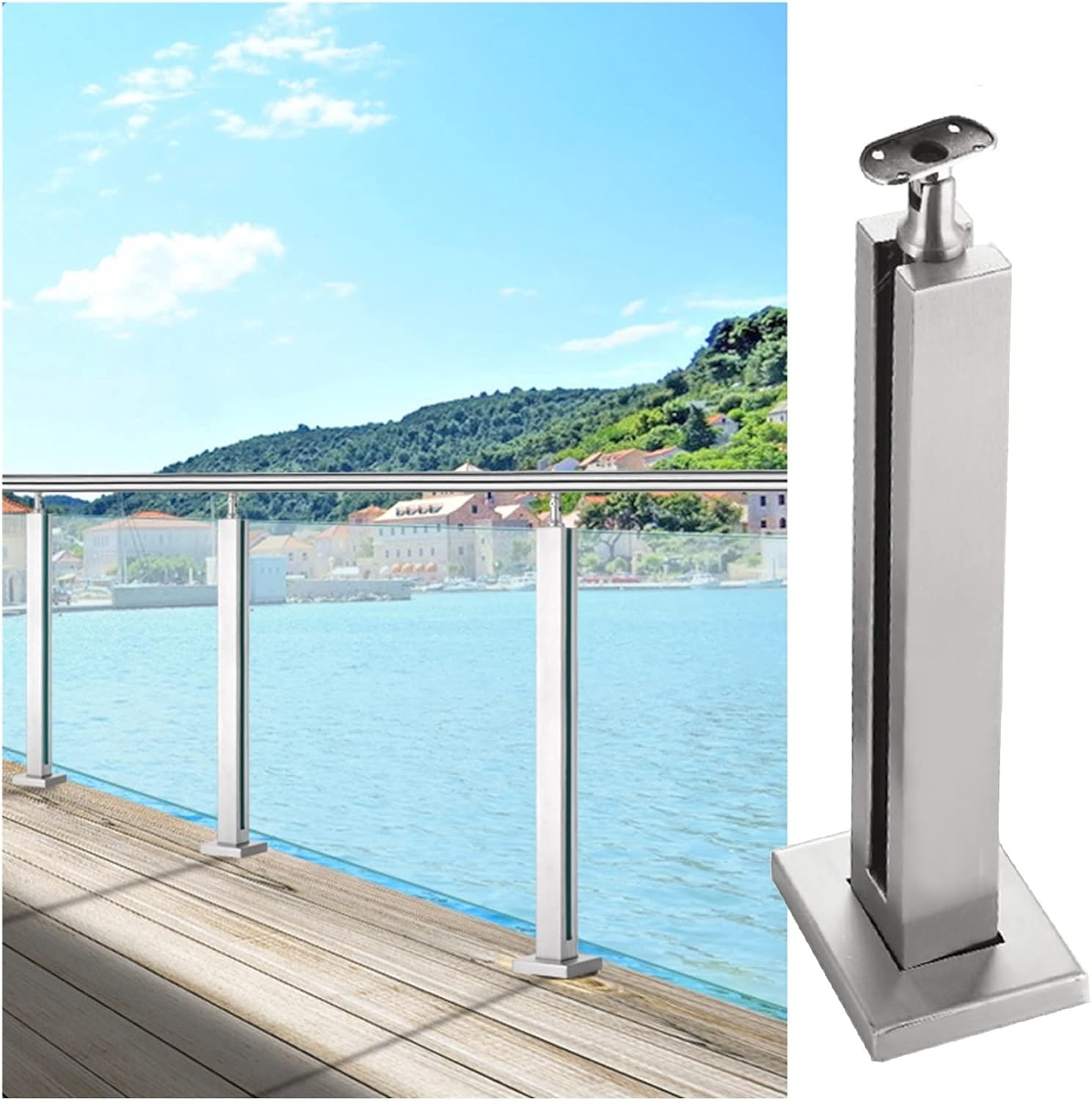 Heavy Duty Glass Railing Post, Square Glass Fence Pole for Balcony Deck Fencing, Silver Balustrade Clamp System for 10/12 mm Thick Panel (Color : Mid Post, Size : 85cm/33.4in)