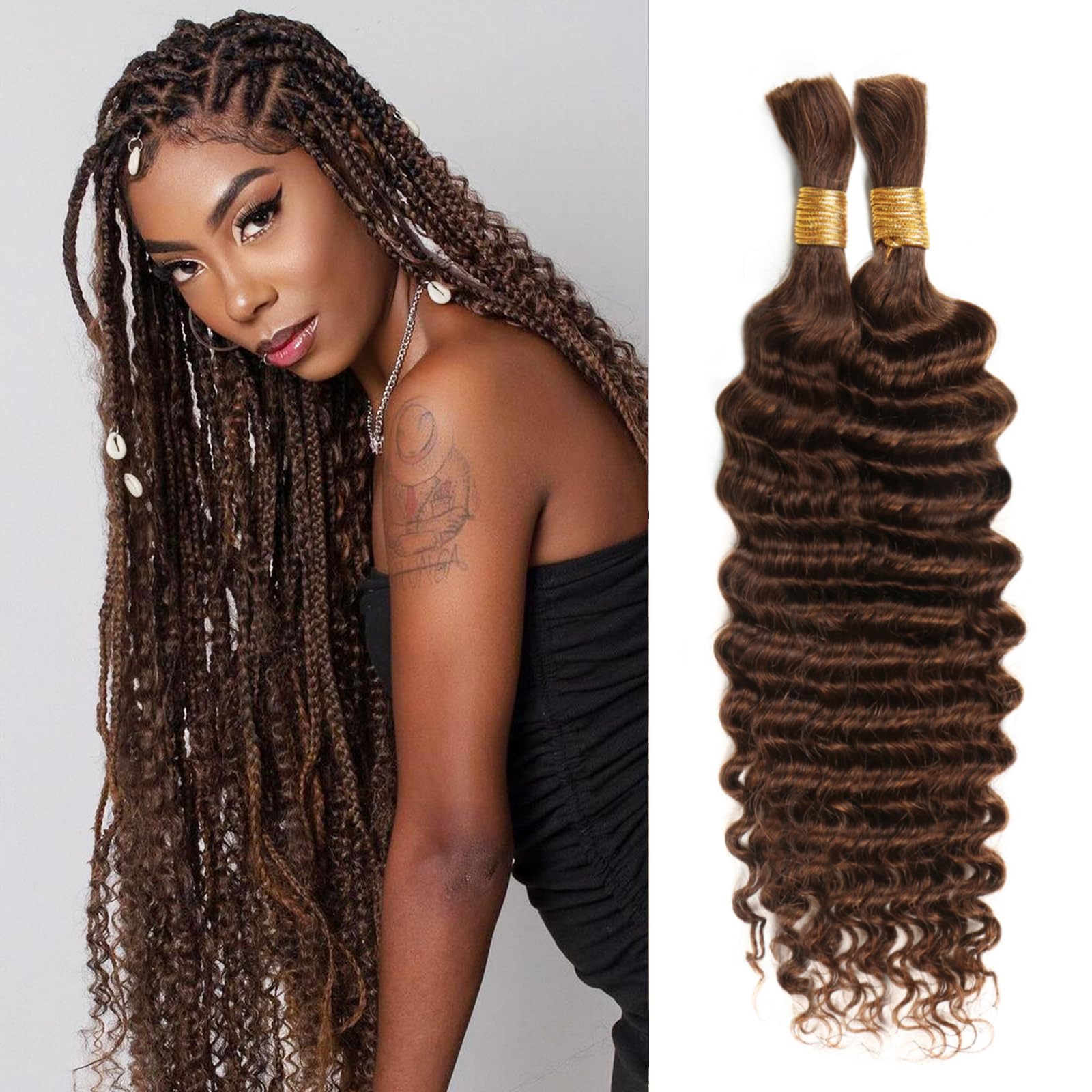 Human Braiding Hair 24 Inch 100g Chocolate Brown Deep Wave Bulk Human Hair for Braiding No Weft Curly Bundles Human Hair Extensions for Boho Knotless