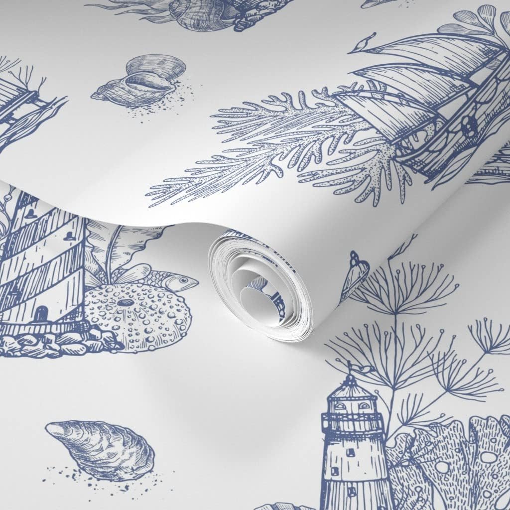 Removable Wallpaper 6ft x 2ft - Lighthouse Sea Blue Plant Nautical Ship Ocean Seashells Custom Pre-Pasted Wallpaper by Spoonflower