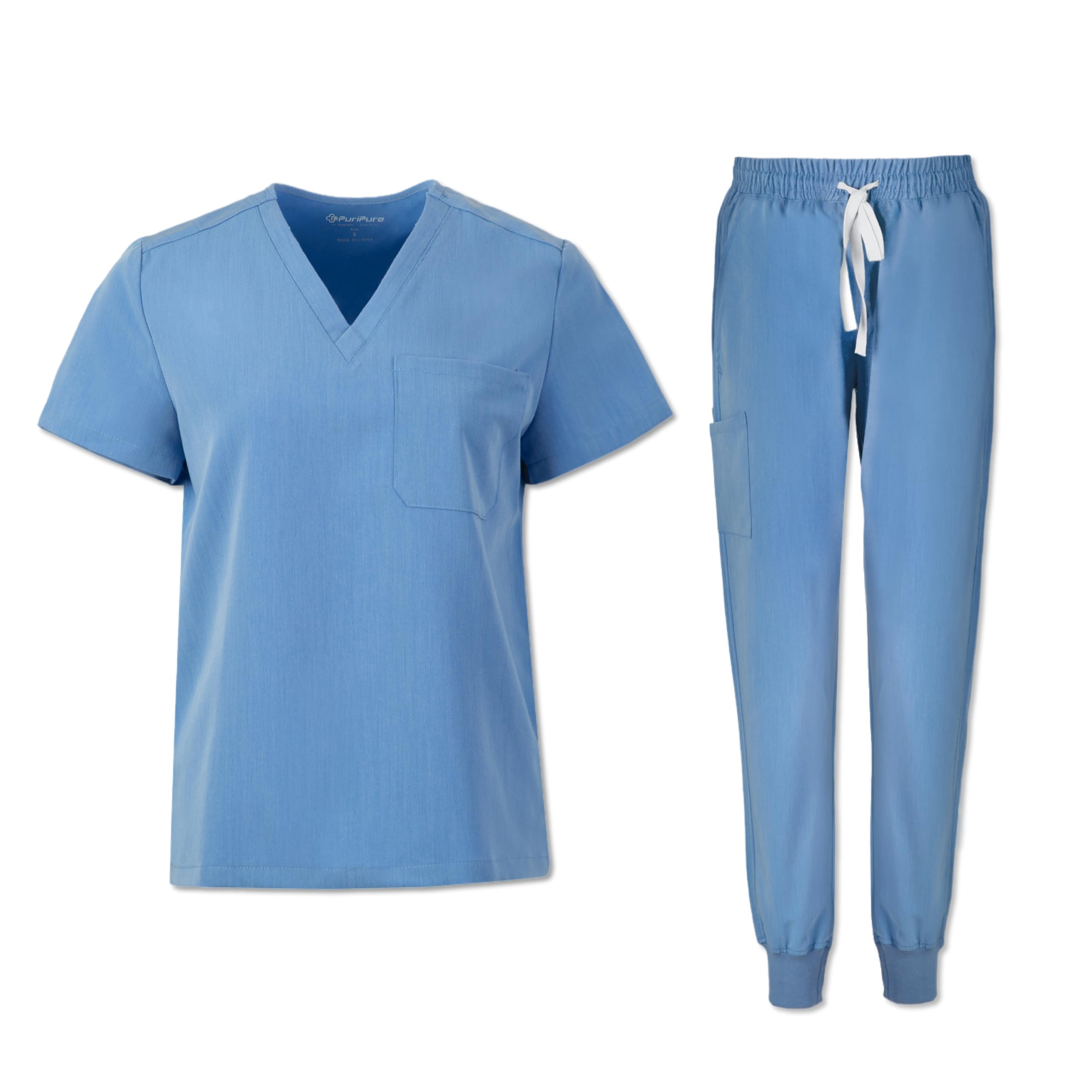 PuriPure Scrubs for Women Set Nurse Uniform Scrubs 4 Way Stretch V-Neck Scrub Top & Jogger Pant with 6 Pockets Scrub Set