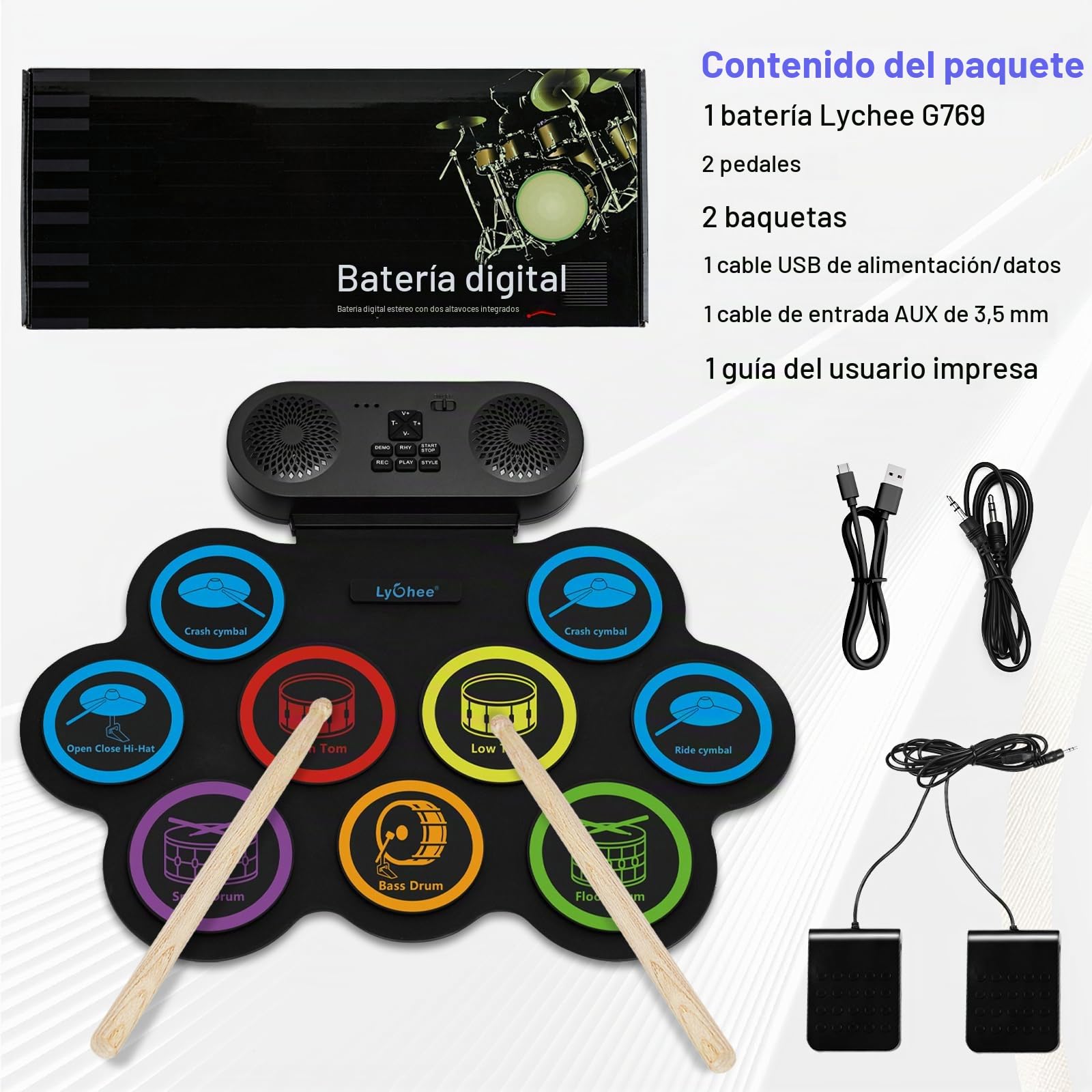 Batería electrónica Lychee con conector para auriculares, 9 almohadillas enrollables estéreo para práctica de batería, altavoz integrado, pedales y baquetas compatibles con conexión externa, ideal com