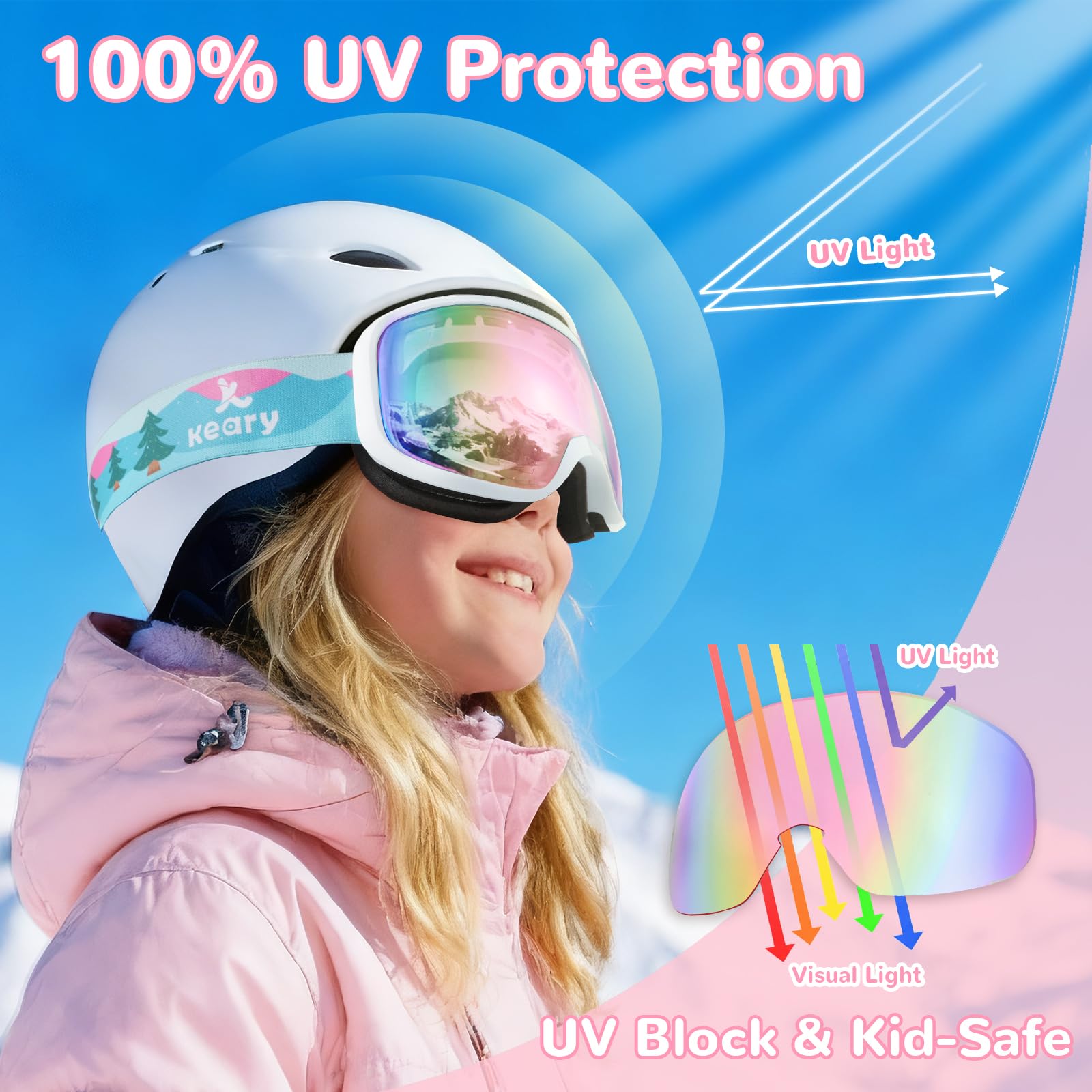 Keary Lunettes de ski pour enfants de 3 à 14 ans, lunettes de neige avec protection UV à 100 %, anti-buée