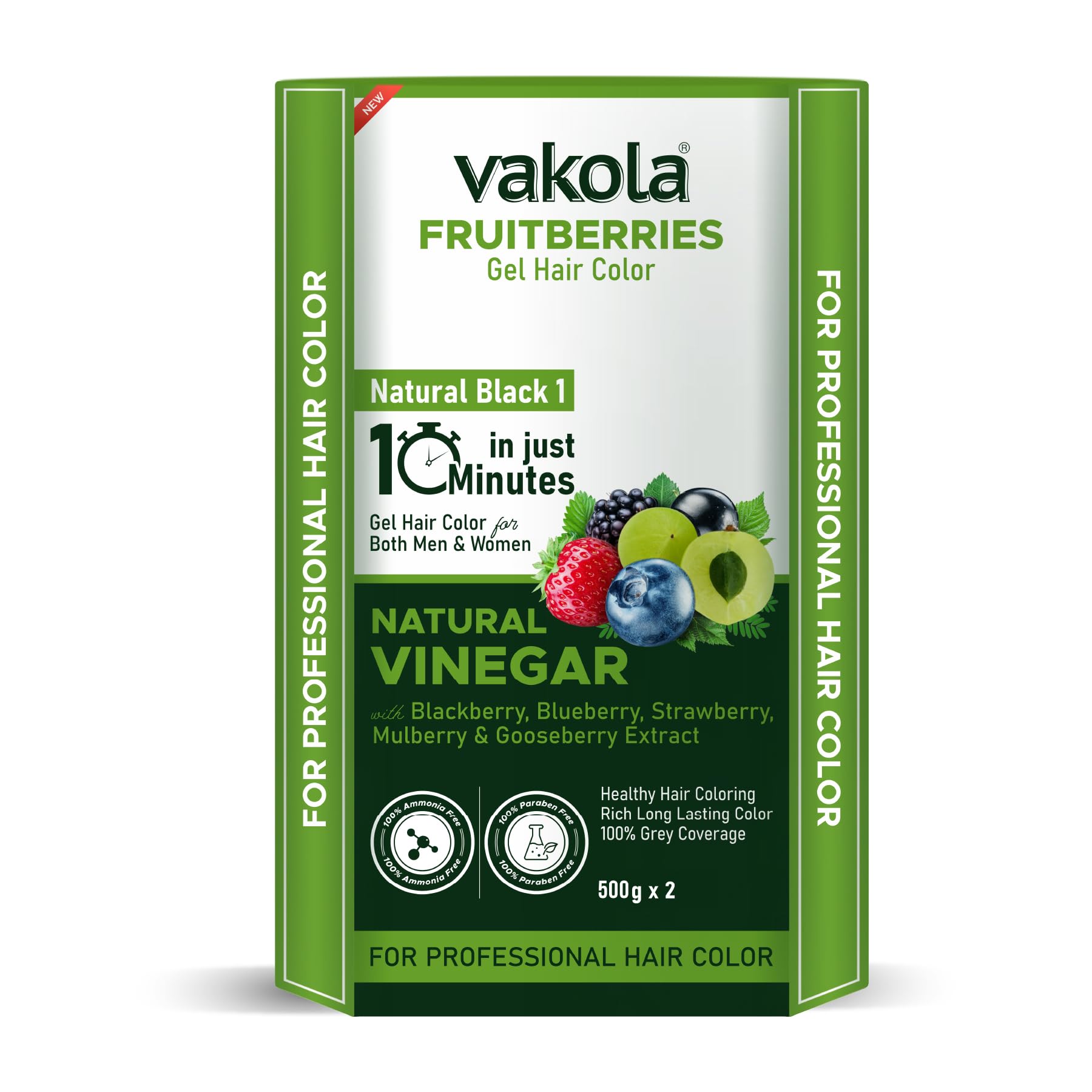 Vakola Fruitberries Natural Black Long Lasting Natural Fruit Vinegar Professional Gel hair Color for Both Men & Women (500ml x 2(Black Gel Hair Color & Developer))