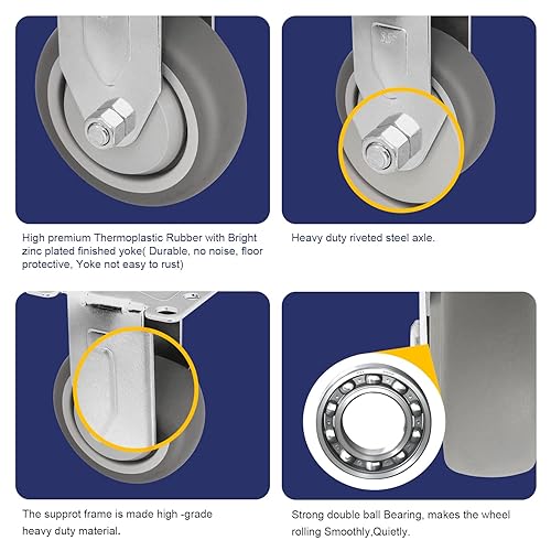 Miniatura 39 de SY America 3.5" 4 Pack Plate Caster, Thermoplastic Light Heavy Duty Rubber Gray Swivel Caster, Top Plate Casters, 1200 lbs Total Capacity