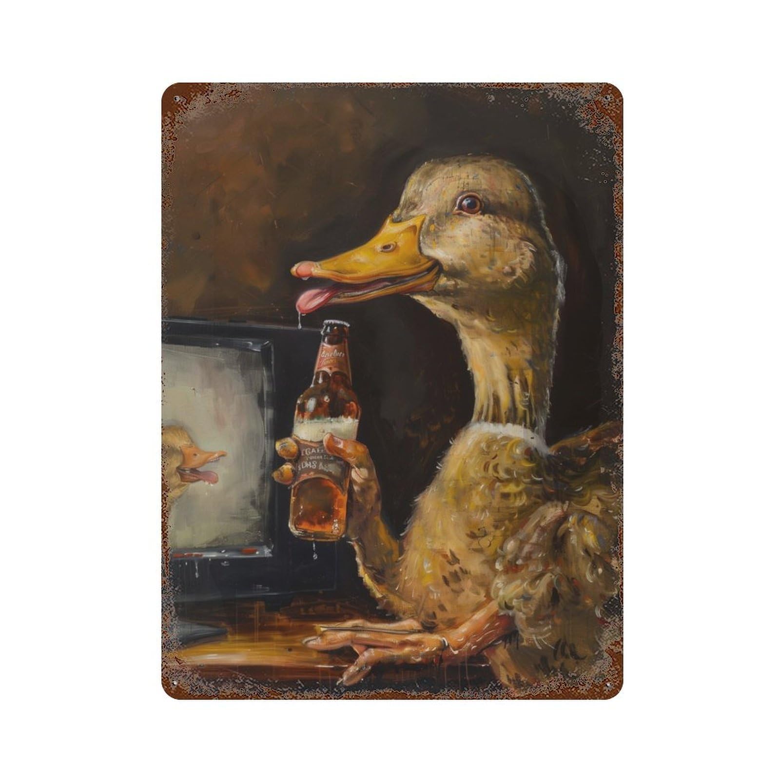 Aged Metal Wall Plaque with Drunk Duck Drinking Beer Design 15.7"x11.8", for Basement, Hobby Room And Garage Decor, Farmhouse Wall Decor