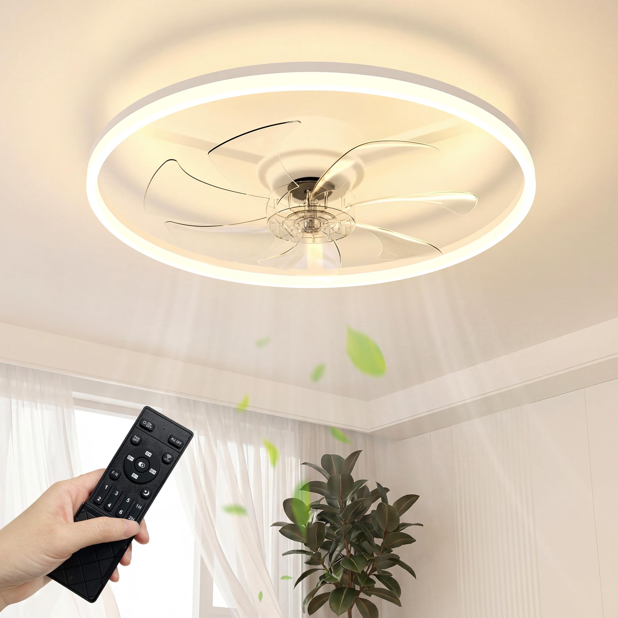 NIORSUN Ceiling Fans with Lights and Remote, 6 Speeds and 3000K-6500K Dimmable Quiet Ceiling Fan Lights, 60cm 5000LM Modern Smart LED Ceiling Fan Light for Bedroom Living Room Dining Room (White)