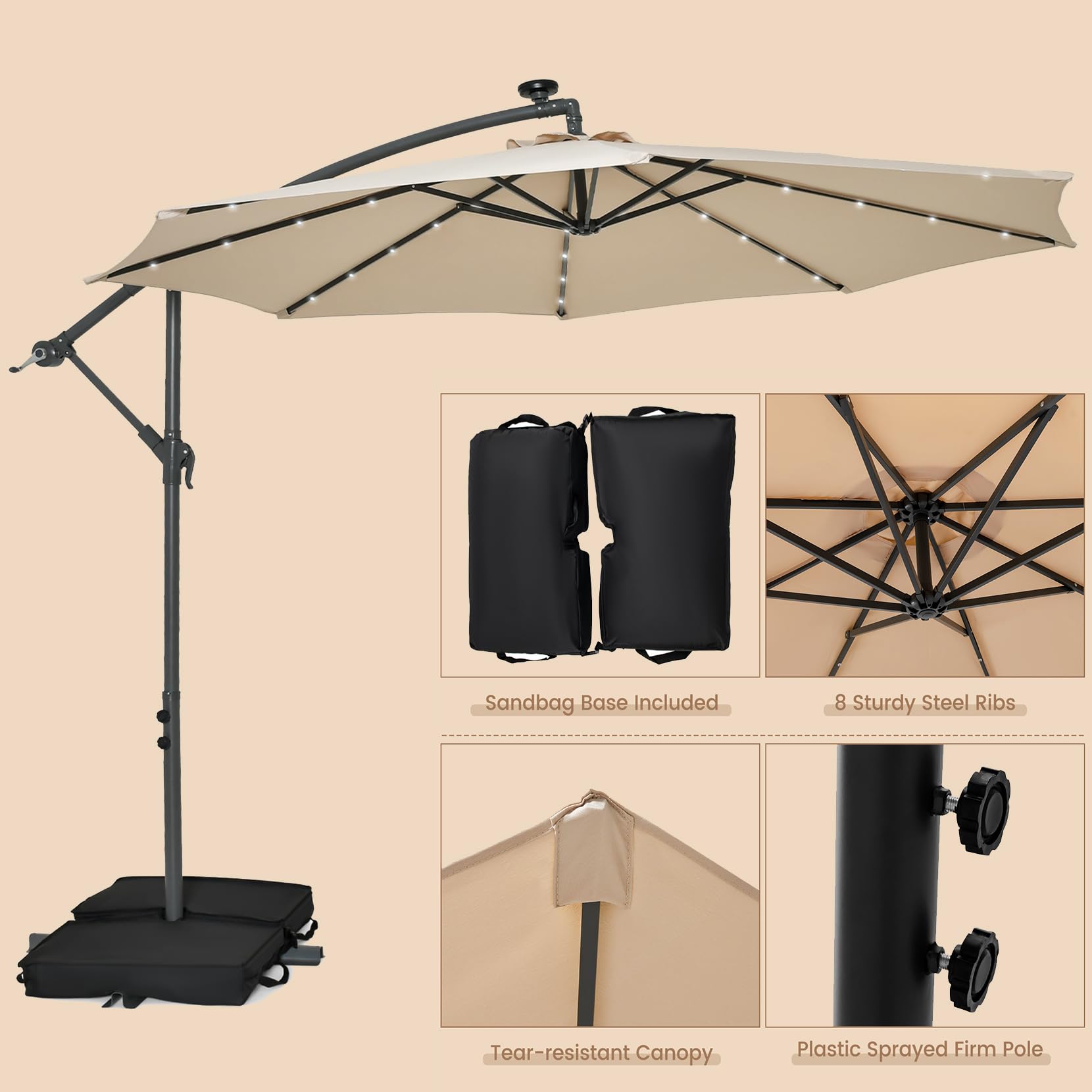 KOMFOTTEU Parasol ogrodowy 3 x 3 m z diodami LED i panelem słonecznym, parasol przeciwsłoneczny z piaskowymi workami, odporny na promieniowanie UV, wodoodporny, regulowany kąt, z korbą (beżowy)