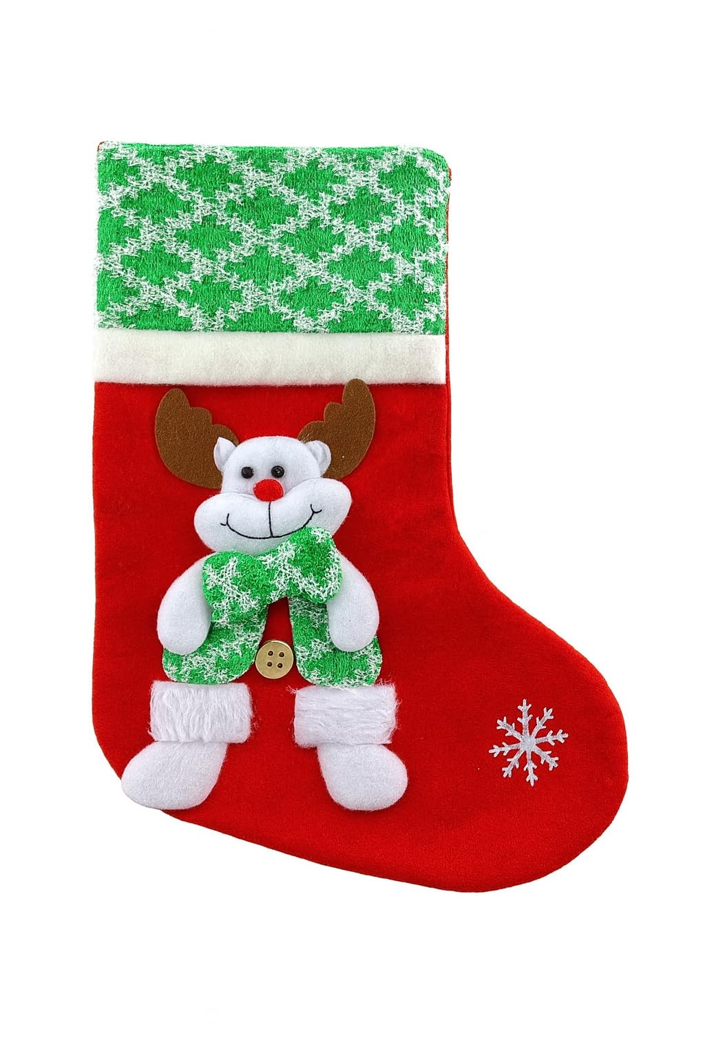 AARUDHRA™ Christmas Stocking for Kids with 3D Reindeer Appliqué, Red with Green Snowflake Pattern Cuff, Soft Felt Material, Embroidered Snowflake Detail, Hanging Loop, Traditional Festive Style