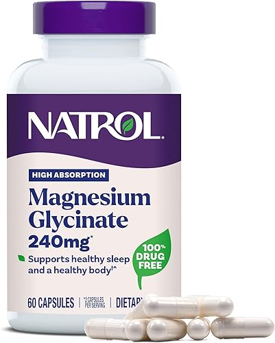 Natrol Suplementos de glicinato de magnesio 240 mg - Alta absorción - Glicinato de magnesio tranquilo para dormir - 60 cápsulas, suministro para 30