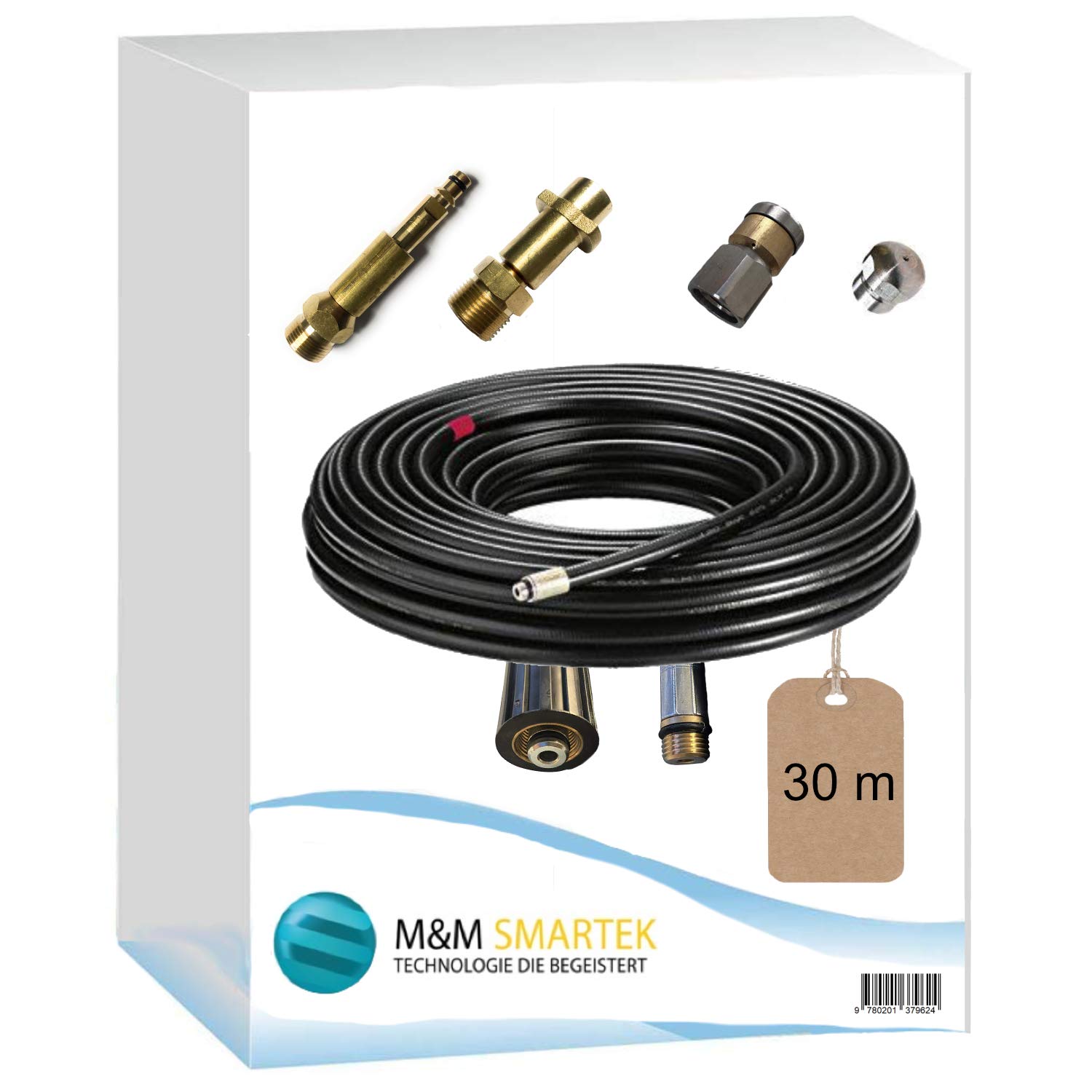M&M Smartek manguera tuberías 30 m M22, boquilla rígida + giratoria | Kit desatascador con manguera, adaptadores y boquillas según variante; comprobar conexiones, presión, contenido y equipo.