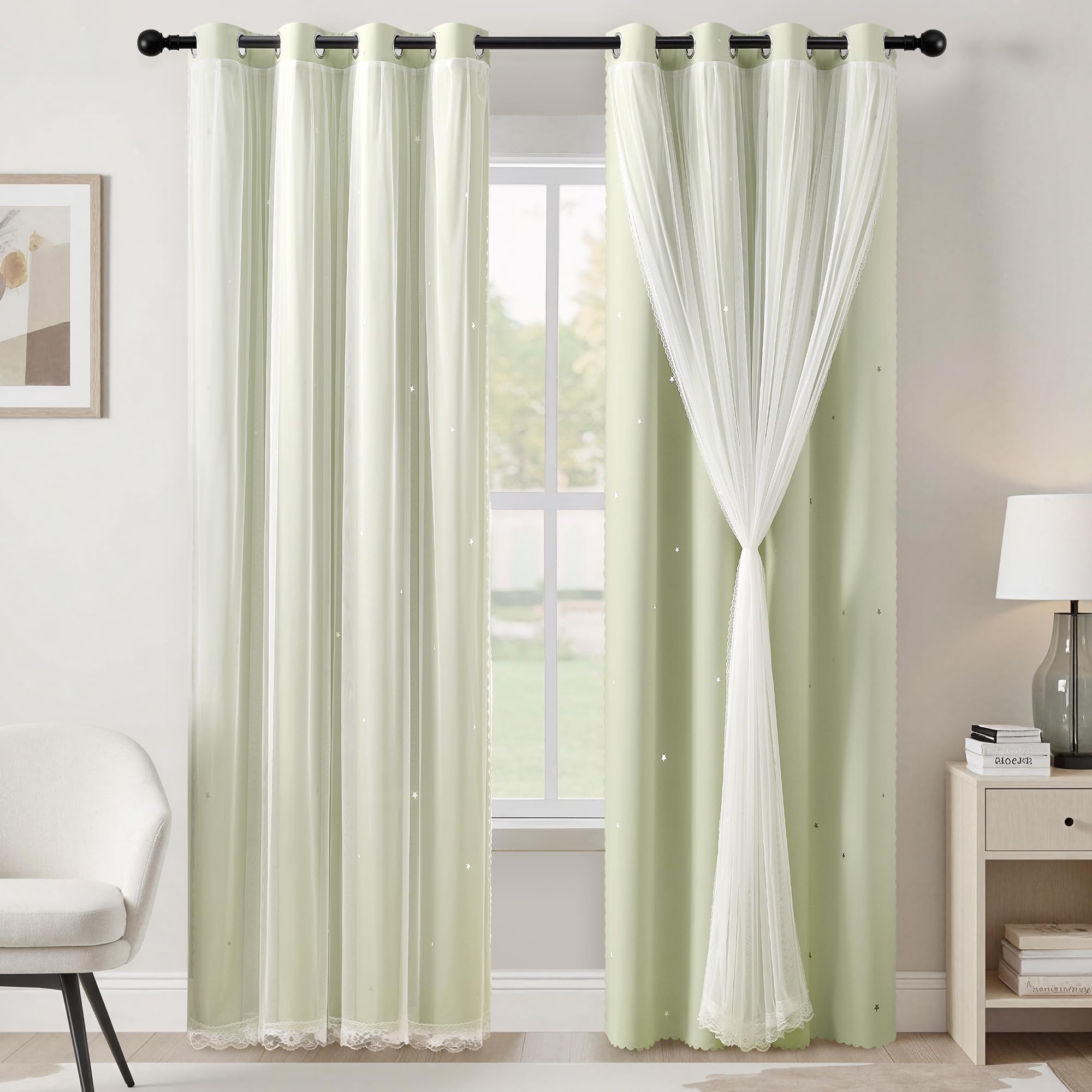XiDi Green Curtains for Bedroom, Girls Room Blackout Curtains, Kids Room Darkening Curtains, Light Green Decor, 1 Panel Sage Green/34/84/1 โ image 1