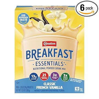 Carnation Breakfast Essentials Powder Drink Mix, Classic French Vanilla, 10 Count Box of 1.26 Ounce Packets (Pack of 6)