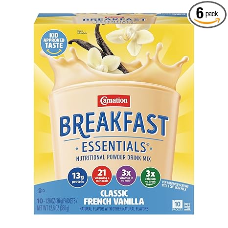 Carnation Breakfast Essentials Powder Drink Mix, Classic French Vanilla, 10 Count Box of 1.26 Ounce Packets (Pack of 6)