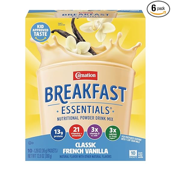 Carnation Breakfast Essentials Powder Drink Mix, Classic French Vanilla, 10 Count Box of 1.26 Ounce Packets (Pack of 6)