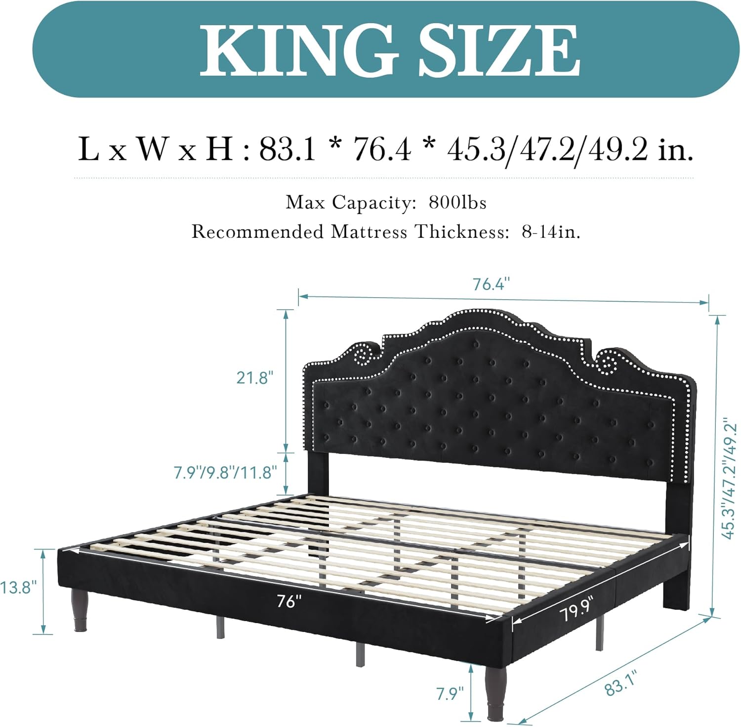 HOOMIC King Size Bed Frame with Adjustable Velvet Tiara Headboard, Upholstered Diamond Button Tufted Platform Bed, Wood Slats Support, No Box Spring Needed, Black