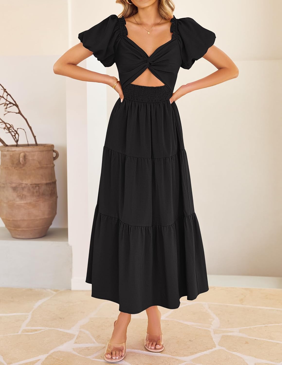 ZESICA Womens Summer Casual Flowy Vacation Maxi Dress 2026 Short Puff Sleeve A Line Smocked Cutout Beach Party Dresses - Image 9