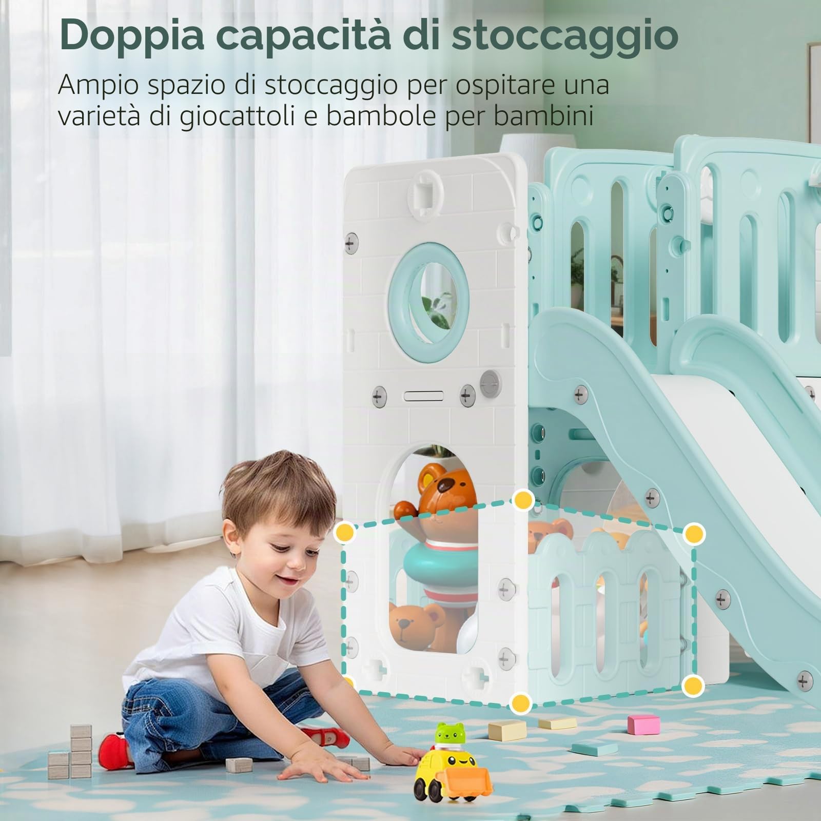 MAMIZO 9 in 1 Scivolo per Bambini, Scivolo Giocattolo da Interno o Esterno Canestri da Basket e Telescopi, Scivolo da Giardino Spazio di Deposito e Tunnel,2 anni e oltre,mit 2PCS Moduls,Verde e Bianco