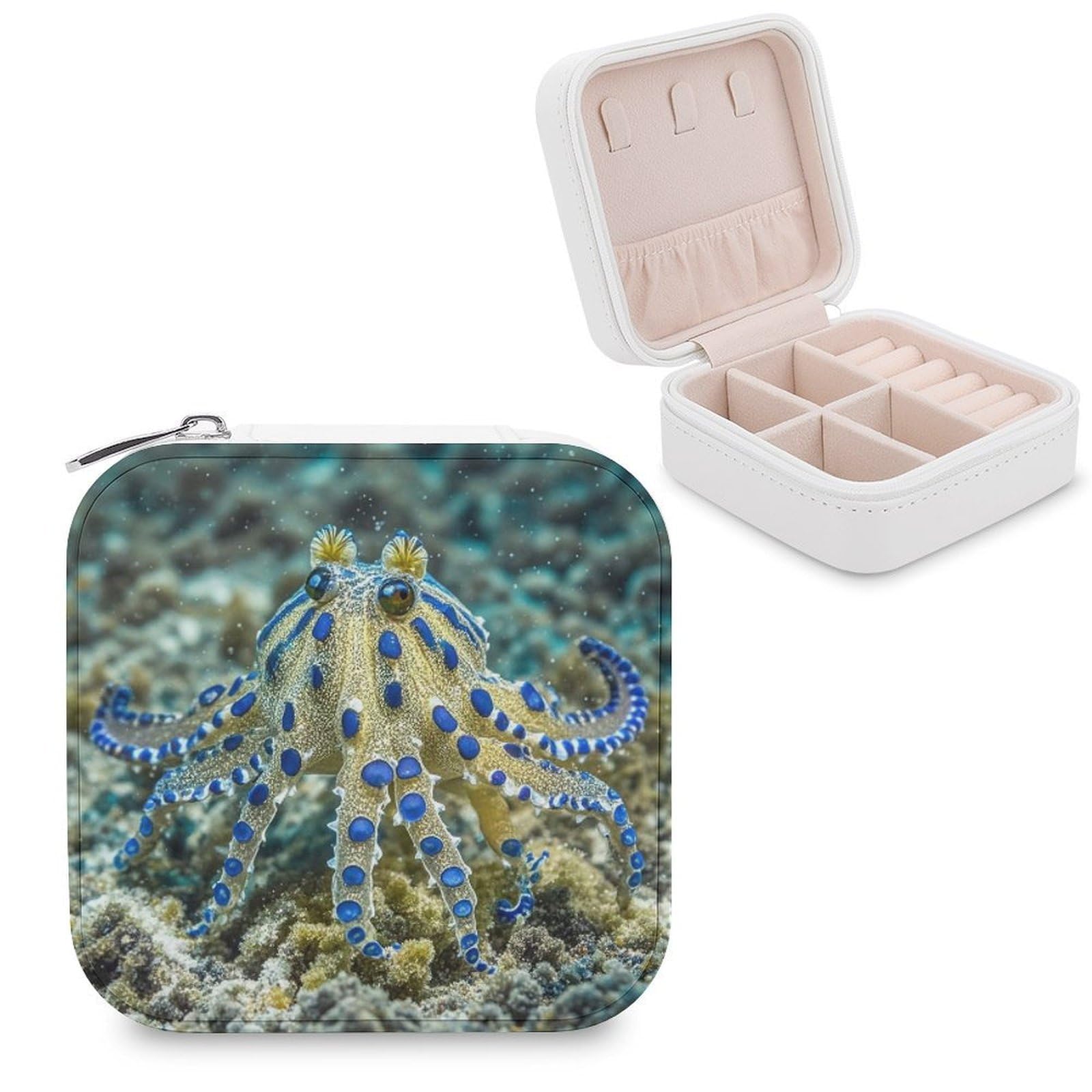 FekiLoot Blue Ringed Octopus Jewelry Case Personalized Leather Jewelry Box Mini Travel Jewelry Case Small Portable Jewelry Organizer for Ring Earrings Necklace Bracelet