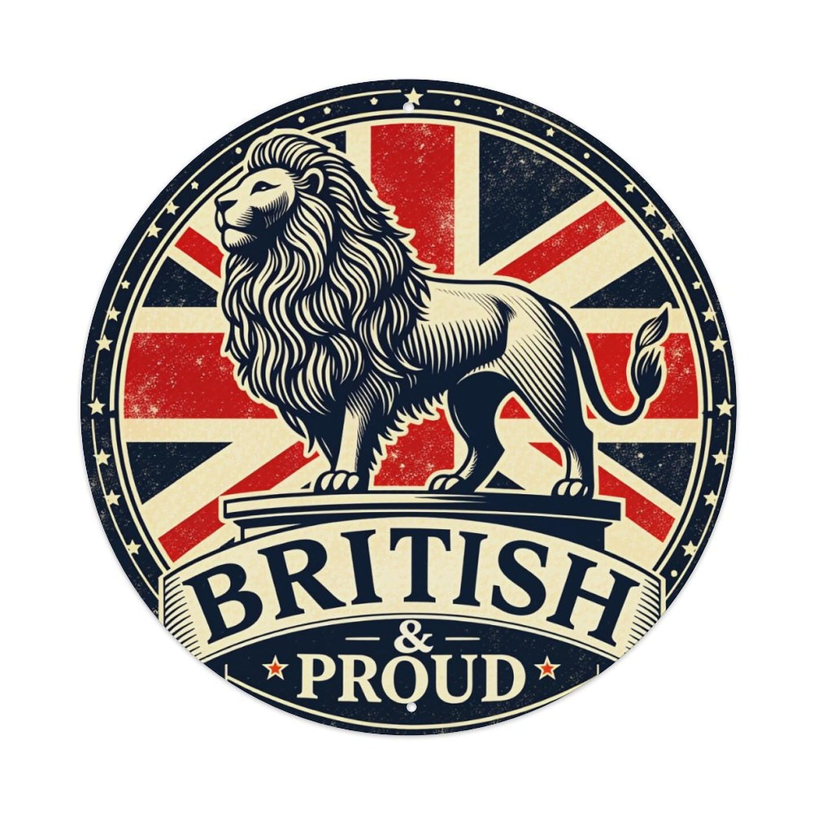 British Lion Union Flag Proud Emblem Round Tin Sign Vintage Style Metal Sign Home Bar Garden Wall Plaque Decor Metal Poster 8x8 Inch