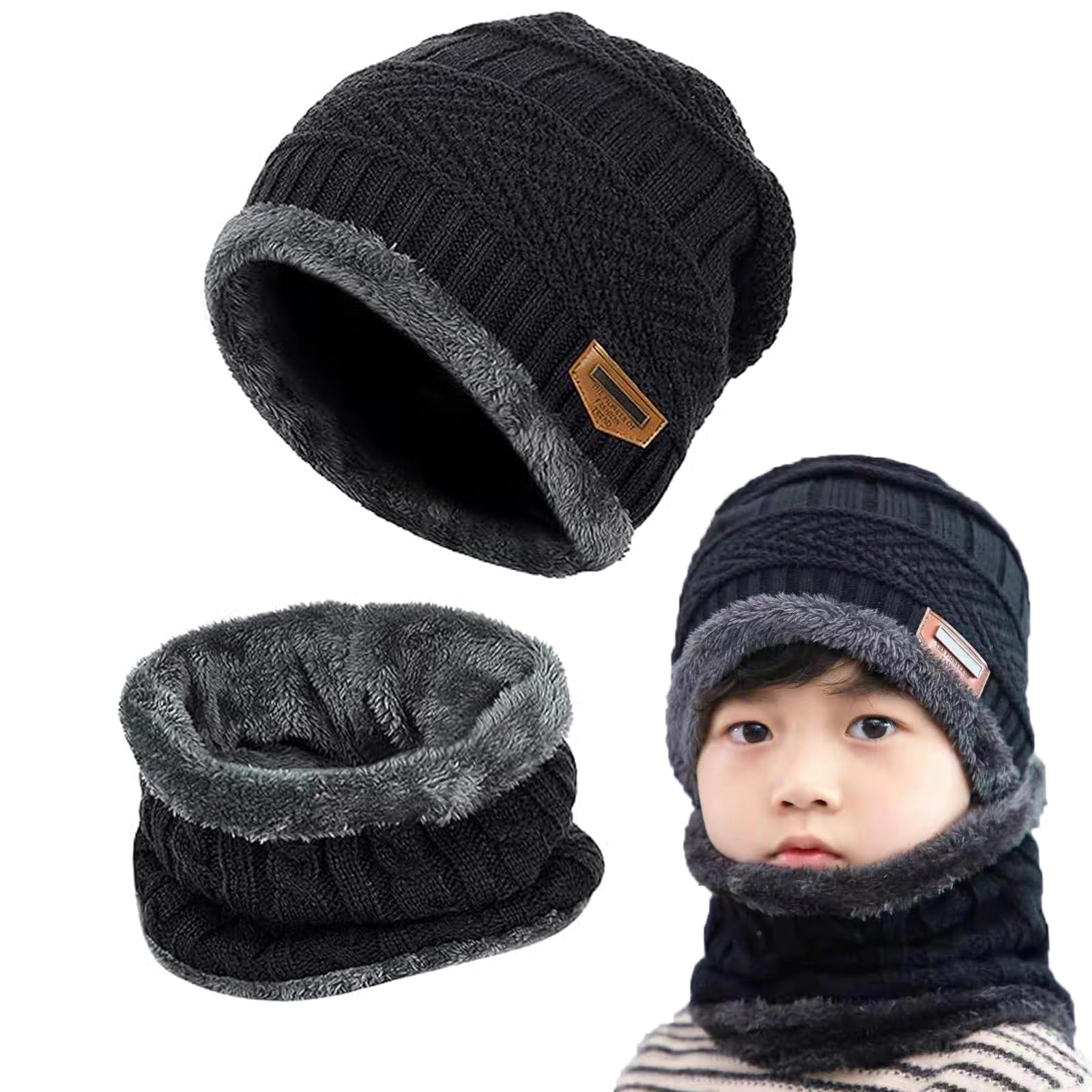 Echarpe et Bonnet Enfants,Ensemble Echarpe Bonnet pour Enfants Tricotés Hiver Bonnet Beanie Bonnet Chapeaux d'hiver,pour 5-14 Ans Garçons Filles