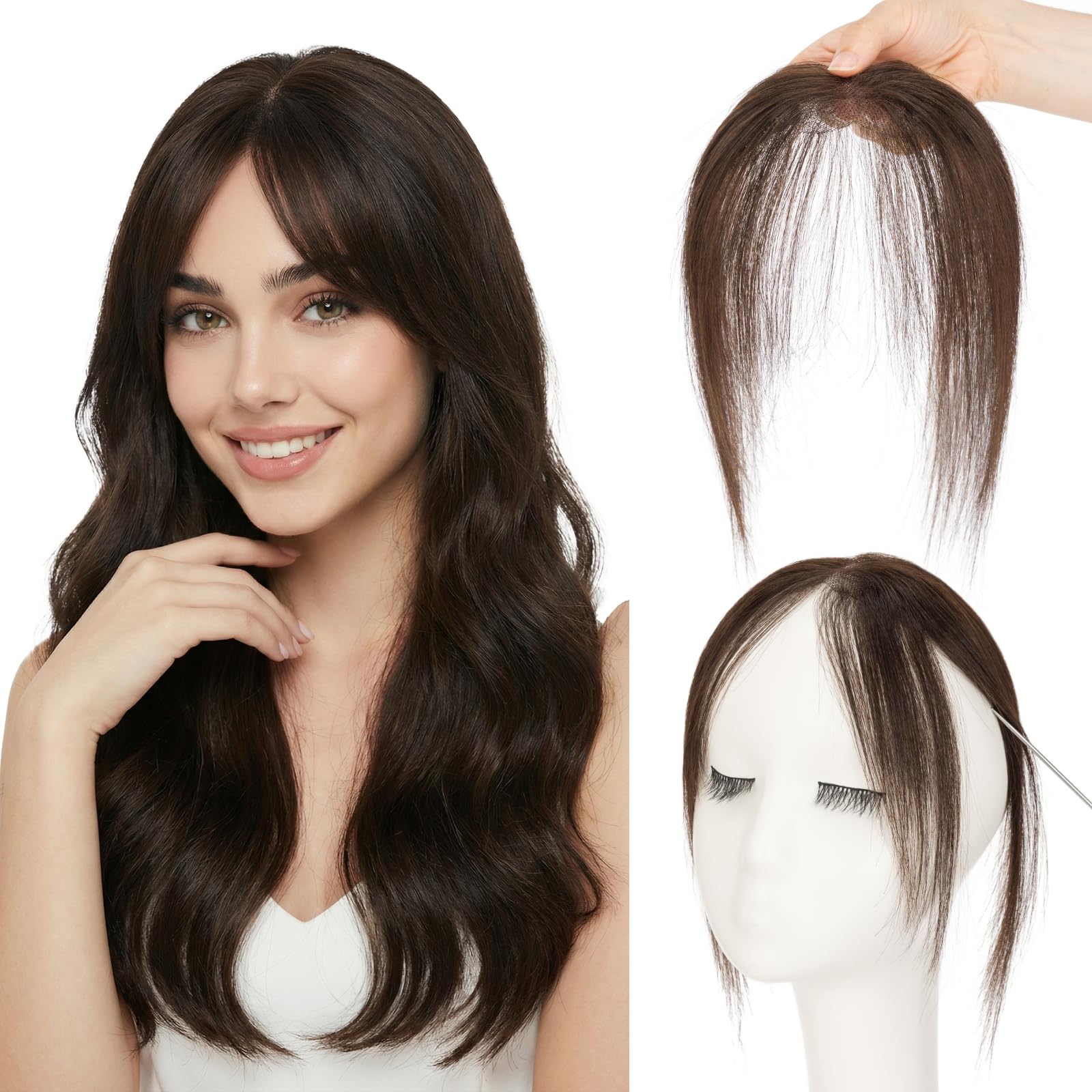 Pony Haarteil Echthaar mit 2 Clips in Extensions 100% Remy Haar Topper Handgebundene Basis Haarverlängerungen Fringe Natürlich für Damen Dunkel Braun#02