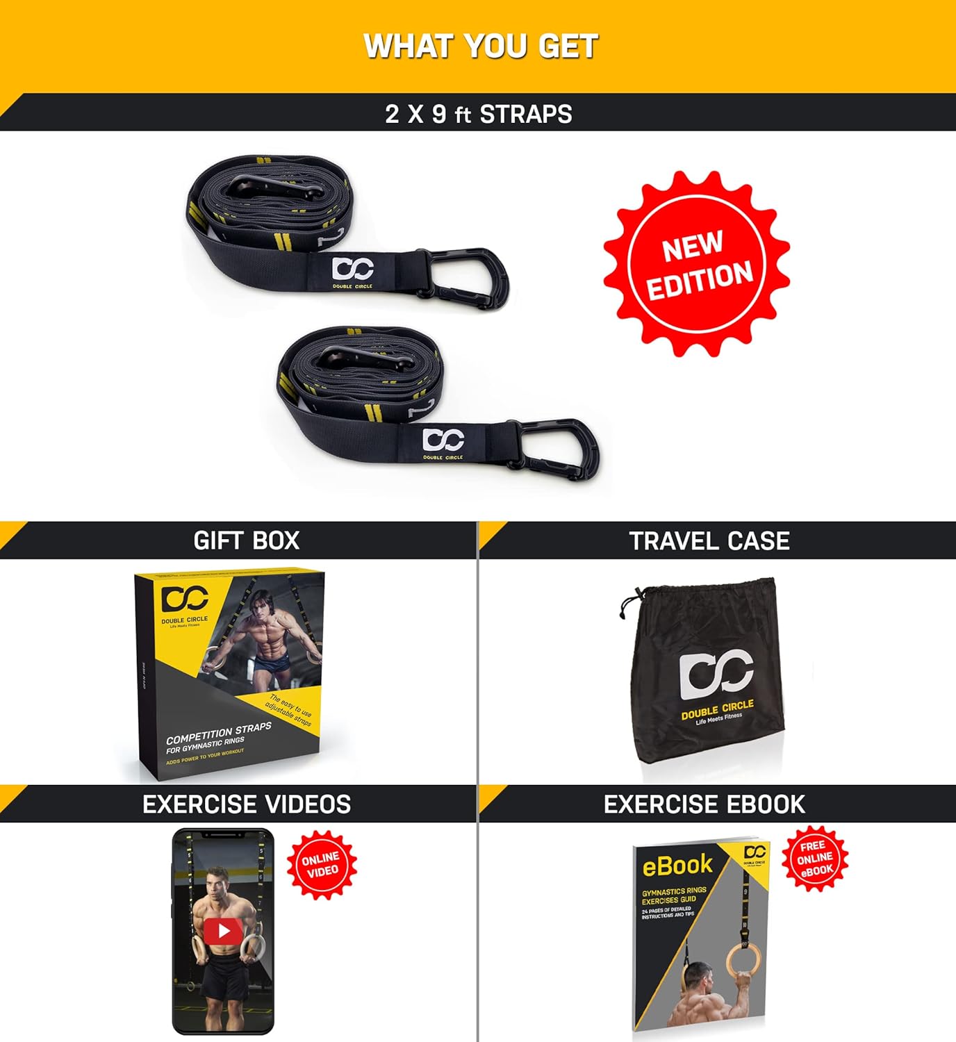 Double Circle Quick Adjust Numbered Straps for Gymnastic Rings - Carabiner System and Exercise Video Guide for Full Body Workout, Calisthenics, and Home Gym : Sports & Outdoors