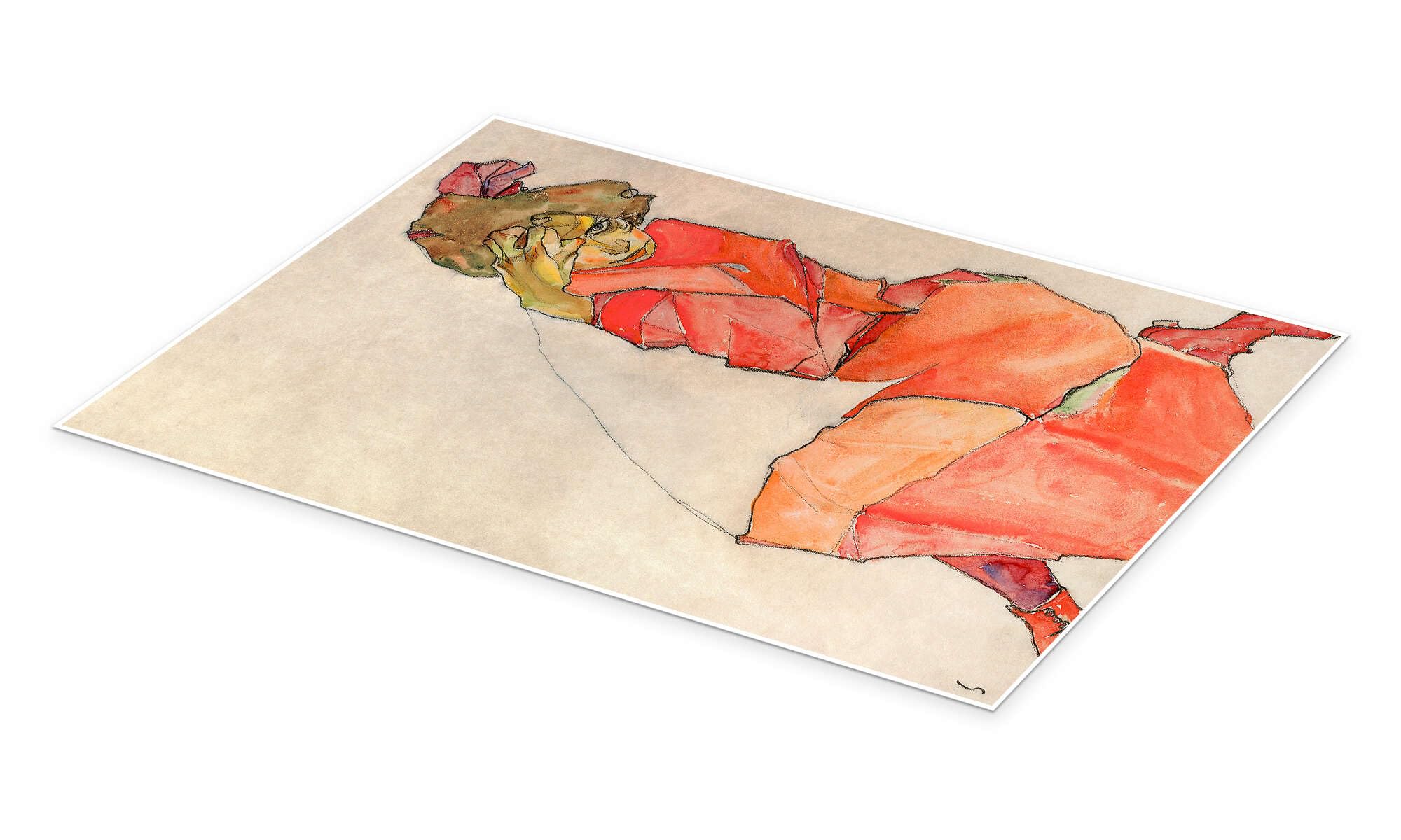 Posterlounge Kniendes Mädchen in orange-rotem Kleid Poster | 100 x 130 cm von Egon Schiele Beige Wandbilder Wanddeko