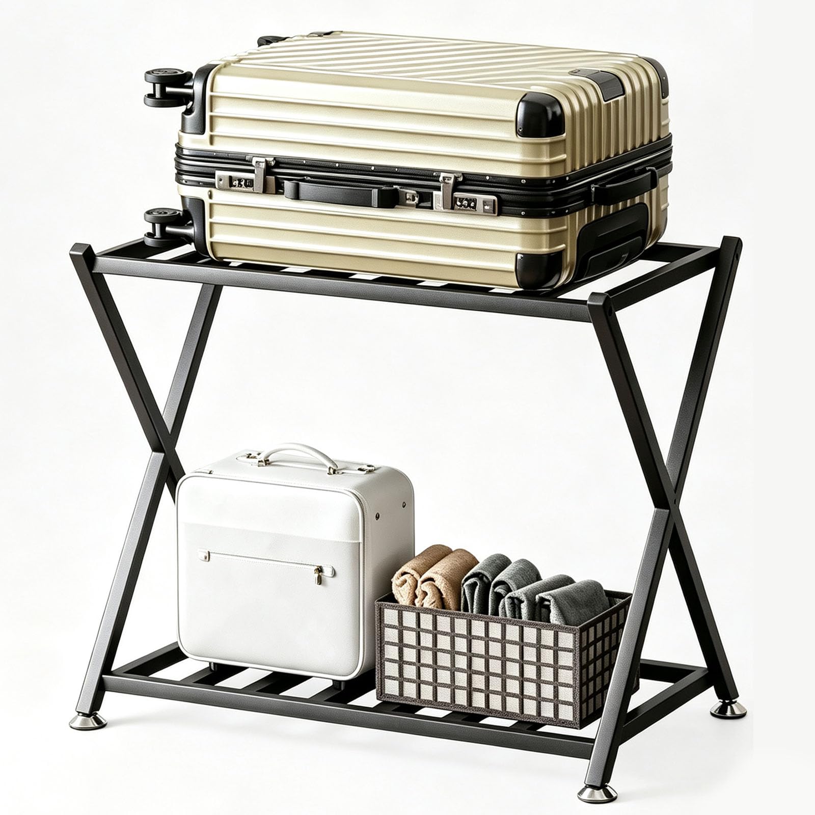 Soporte Plegable Para Equipaje, Estante De Almacenamiento Metálico De 2 Niveles Con Soporte Para Maletas Que Ahorra Espacio, Perchero Plegable Para Dormitorio, Habitación De Invitados Y Hotel.
