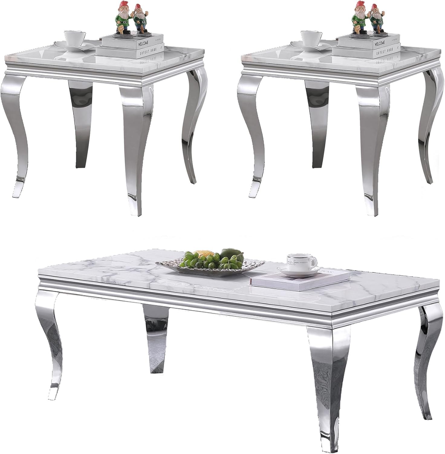 White Living Room Table Sets of 3,Rectangle Faux Marble