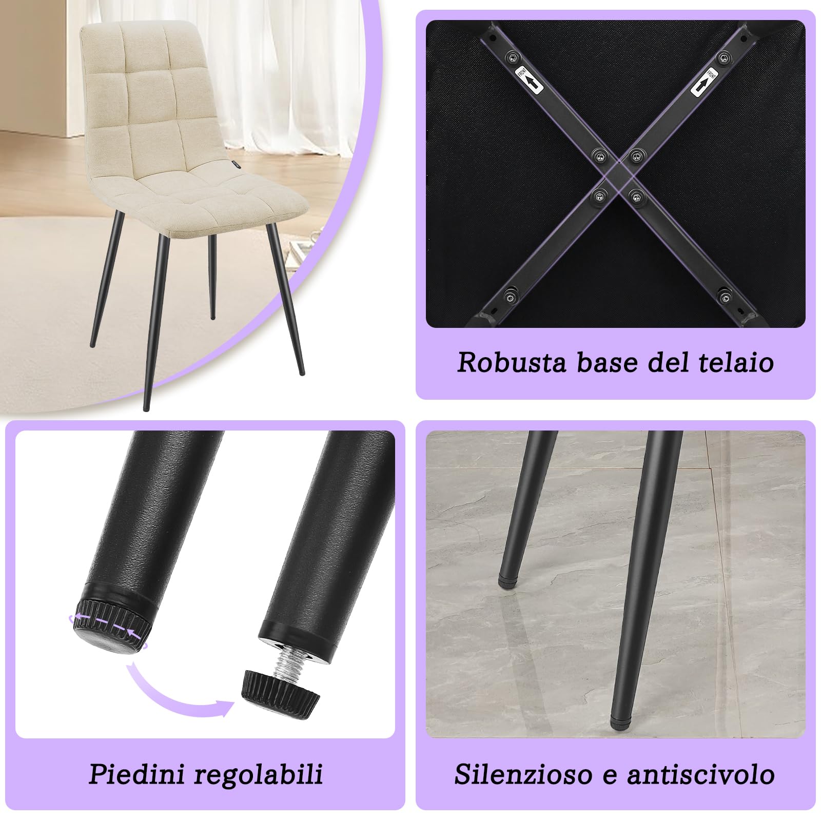 Sedia da pranzo ergonomica bianca, seduta in PU/lino, schienale alto imbottito, base in metallo | Leroy Merlin