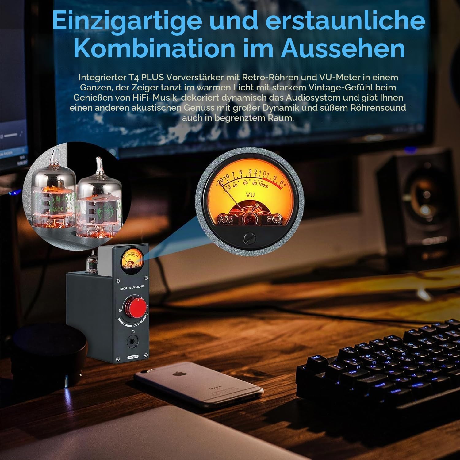 Douk Audio Röhren-Phono-Vorverstärker: HiFi MM/MC Plattenspieler-Vorverstärker | Kopfhörerverstärker mit AUX-Eingang | VU-Meter für Plattenspieler, Vinyl-Systeme und Audiophile (T4 Plus)