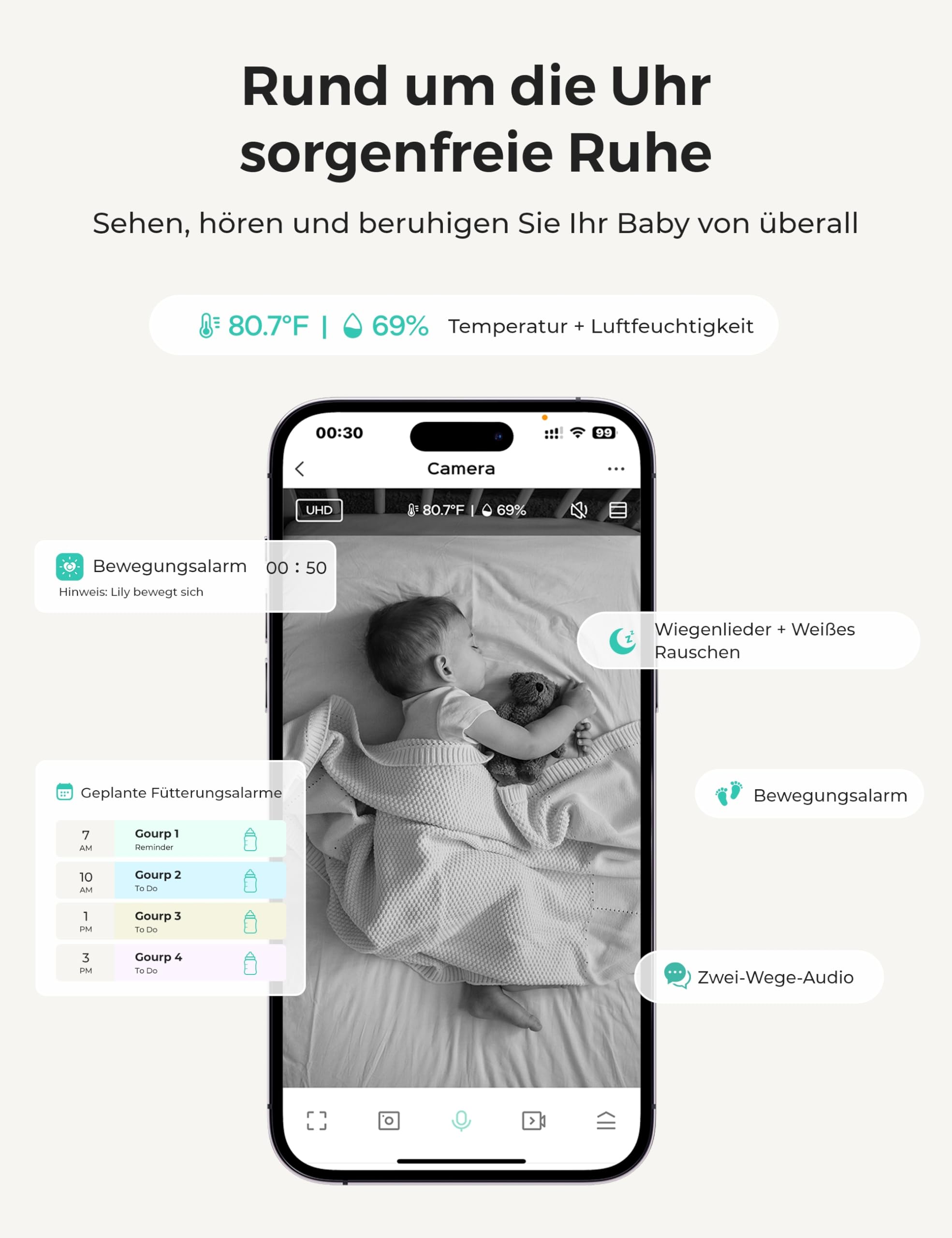 Dr.Care VistaView Lite WLAN Babyphone mit Clip-Halterung – 4" 720P Split-Screen & 1080P Kamera, App-Steuerung, Bewegungsalarm, Nachtsicht, 2-Wege-Audio, Aufnahme