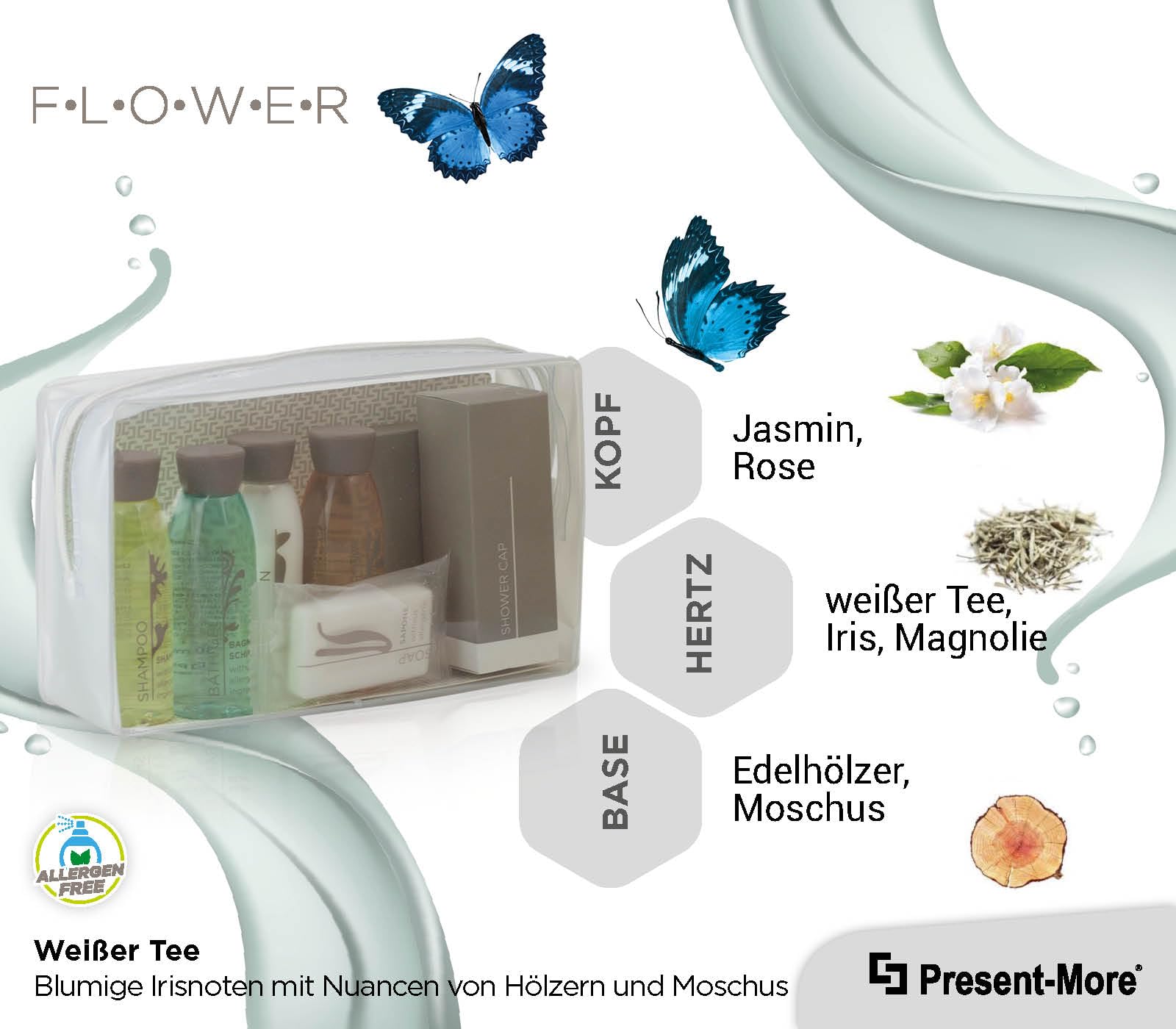 Present-More Amenities Kit Flower - Welcome Gift Toilettenartikel 40 Gäste für Hotels und B&B | Allergenfreie Amenities Kit mit Duftnoten von weißer Tee